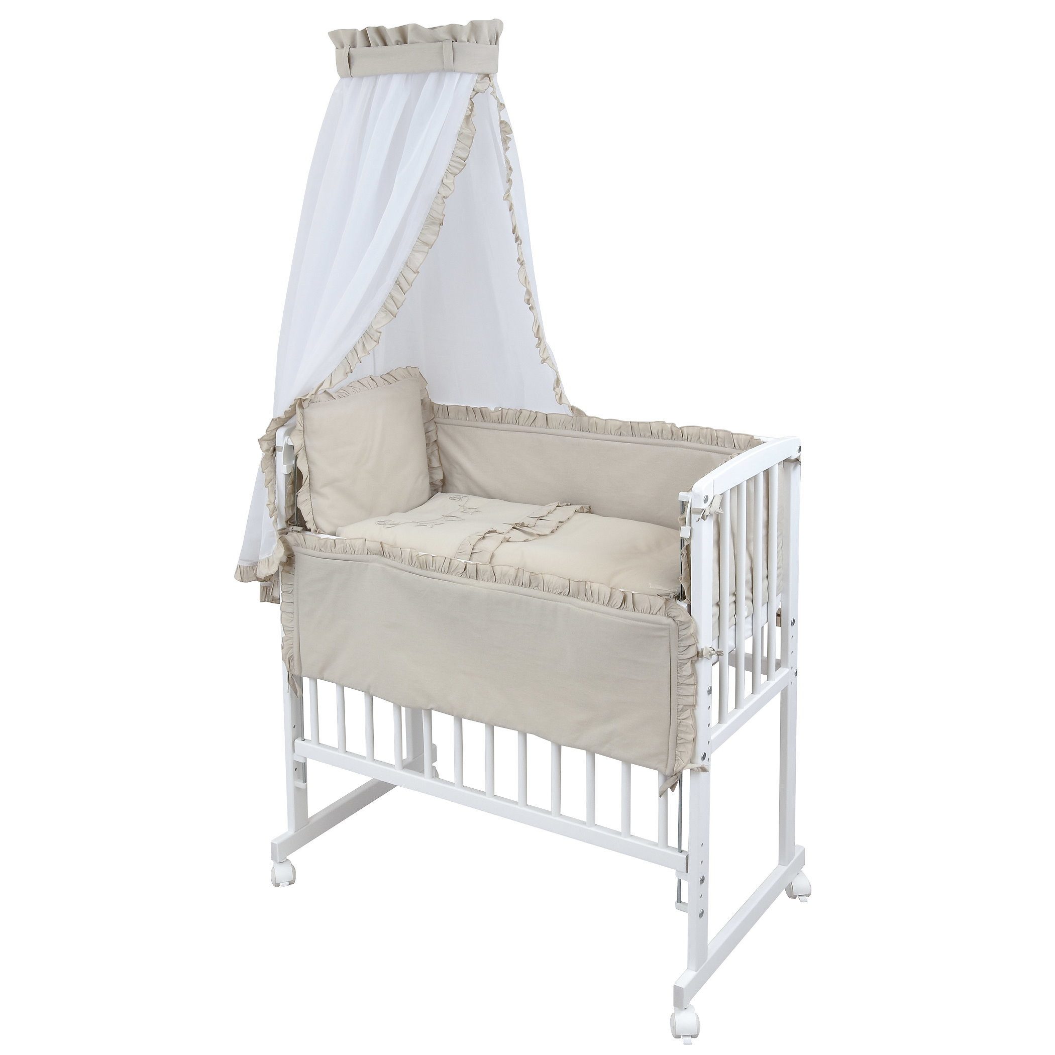 Baby-Delux Beistellbett Babybett Royal Beige Rüsche, Stillbett 90x40 weiß höhenverstellbar, Matratze inkl. komplett Set