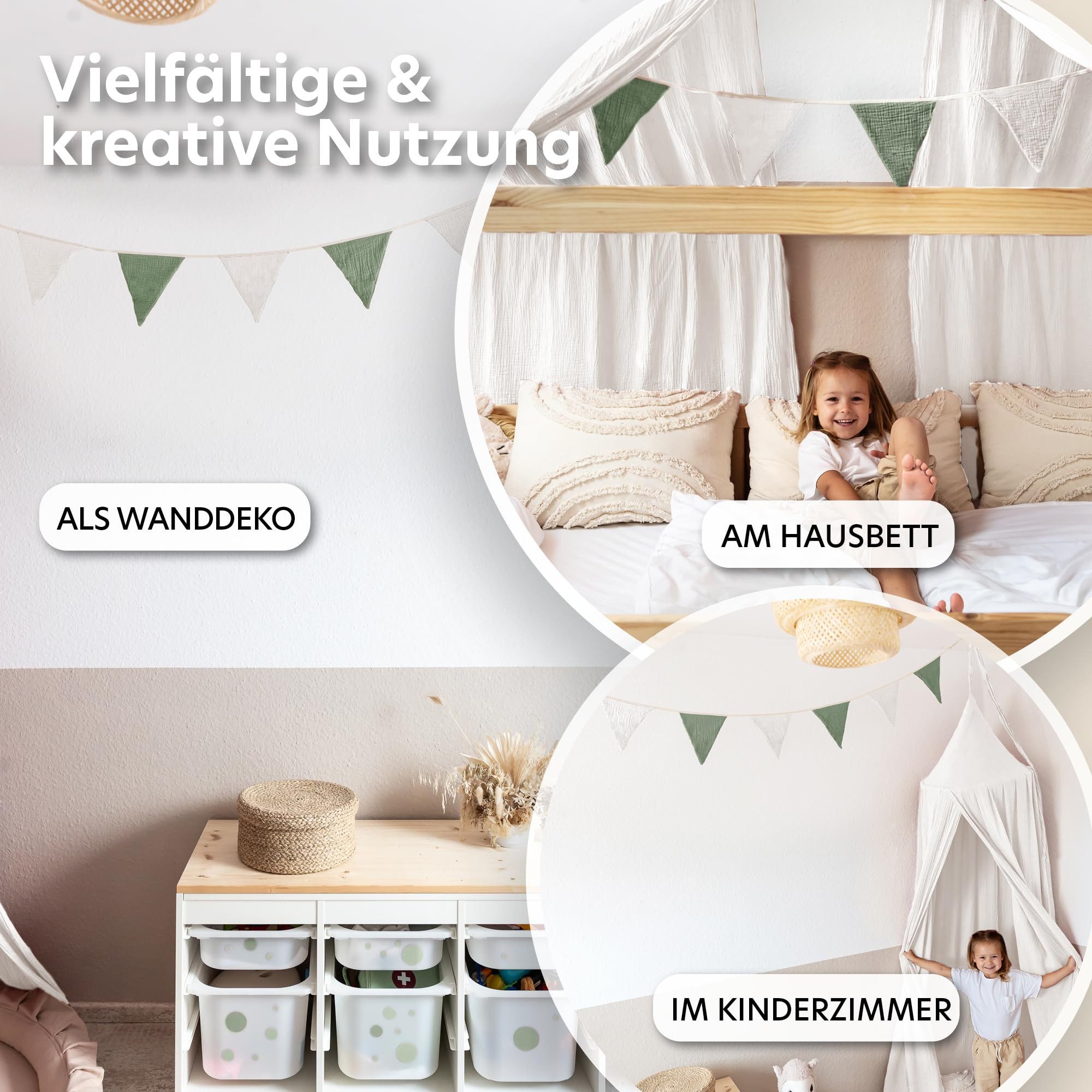 lilimaus Wimpelkette Handgemachte Wimpelkette für Kinderzimmer aus Musselin Baumwolle, Stilvolle Girlande aus Baumwolle - Perfekt für Kinderzimmer Deko
