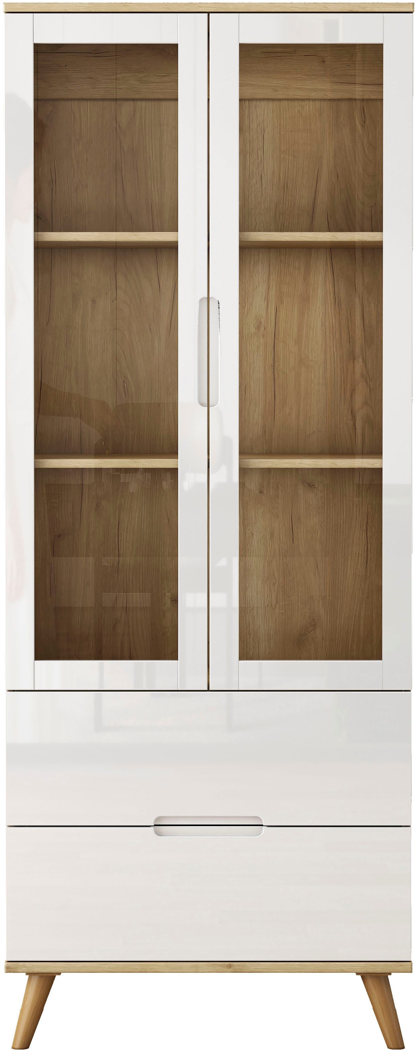 OTTO home Highboard, mit glänzenden Fronten, Glastüren, helles Holzdekor, Breite 70 cm