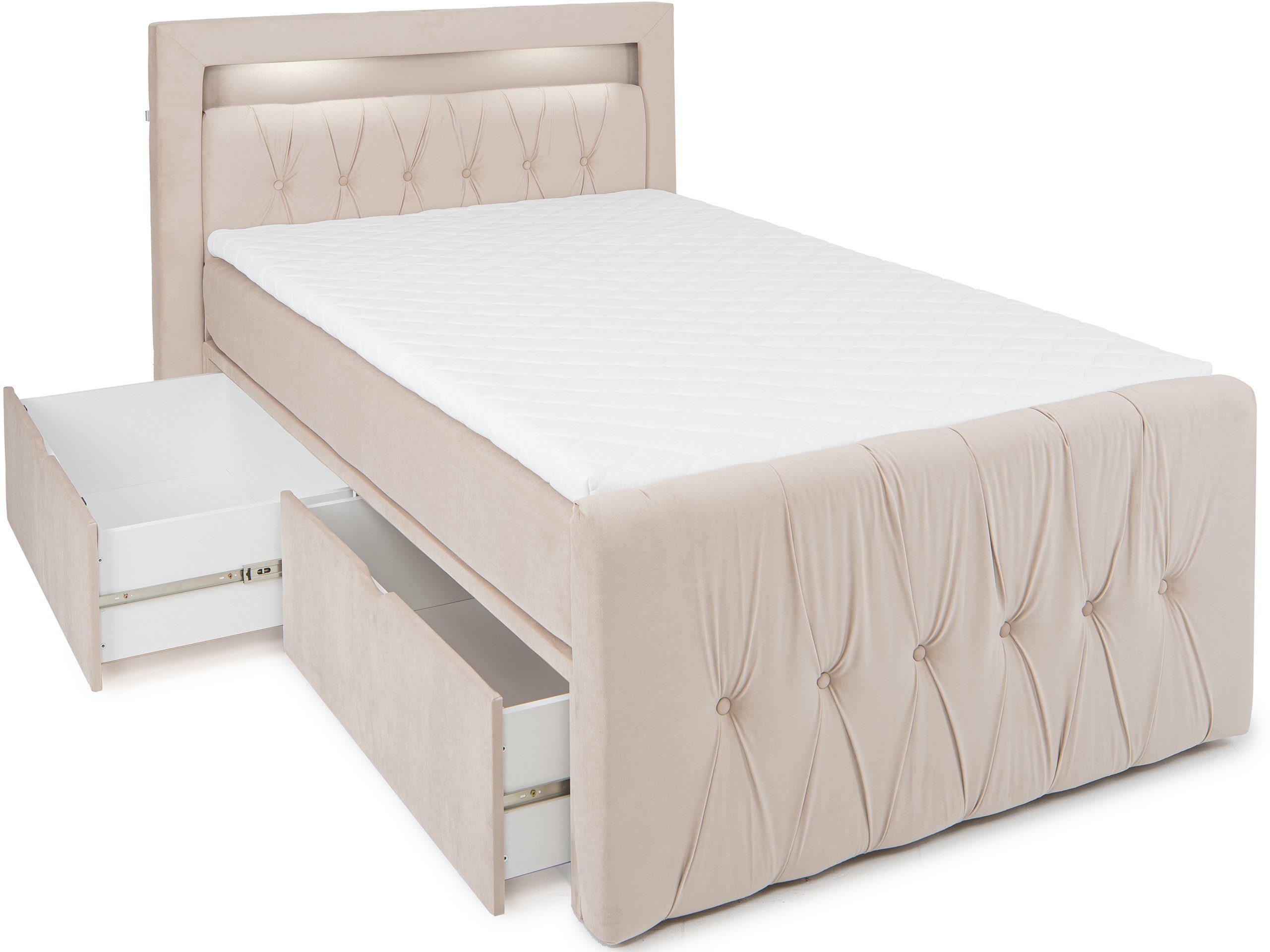 wonello Boxspringbett Valencia, LED-Beleuchtung inkl. Beige und Stauraum, mit Topper