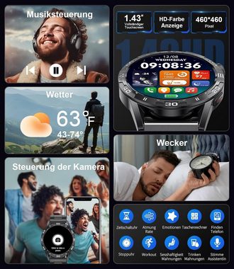 Lige Herren's Anrufe Tätigen/Annehmen Fitness-Tracker Smartwatch (1,43 Zoll, Android/iOS), mit 24/7-Herzfrequenz, SpO2, Schlafüberwachung AMOLED Bildschirm
