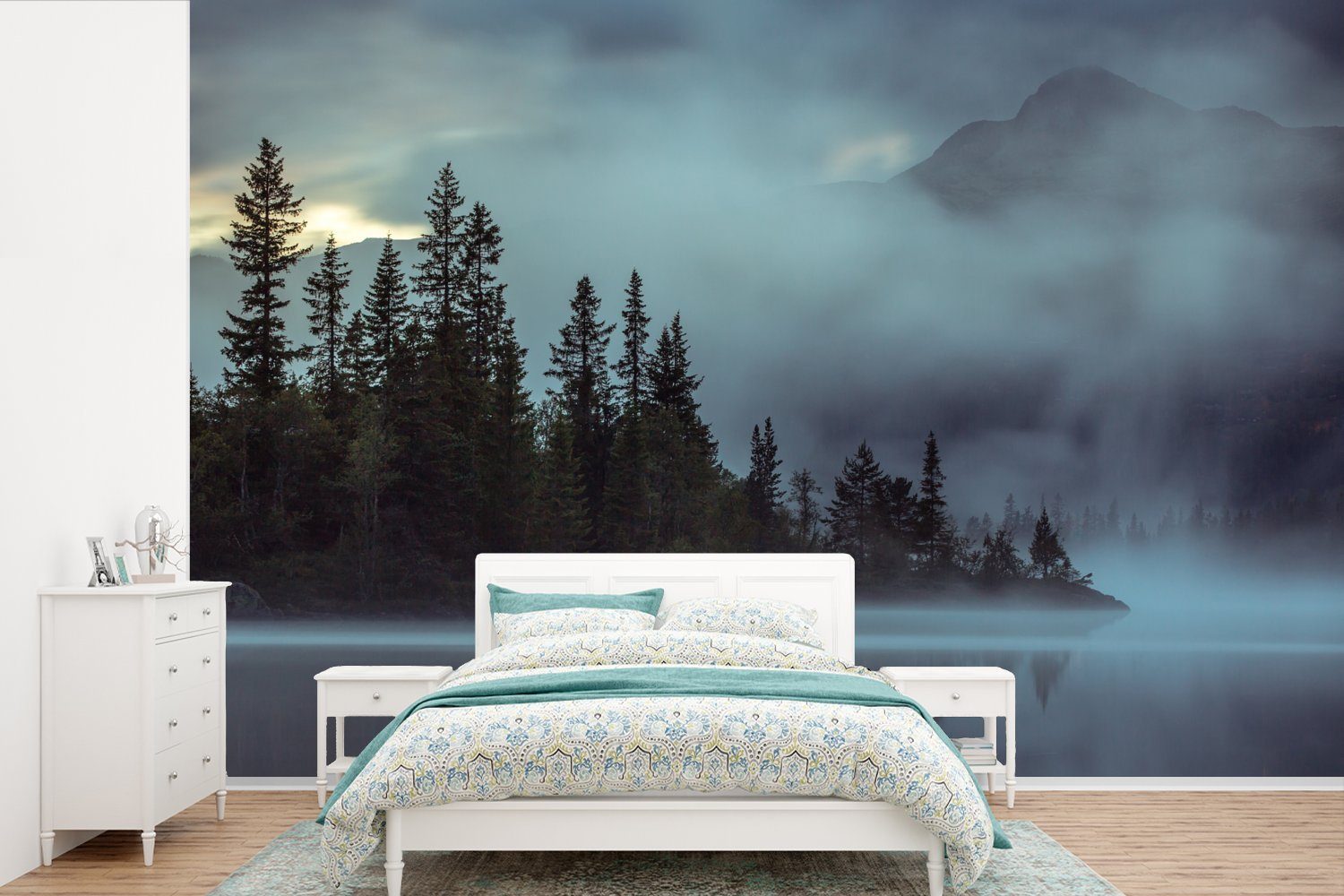 MuchoWow Fototapete Wald - Wasser - Nebel, Matt, bedruckt, (6 St), Wallpaper für Wohnzimmer, Schlafzimmer, Kinderzimmer, Vinyl Tapete