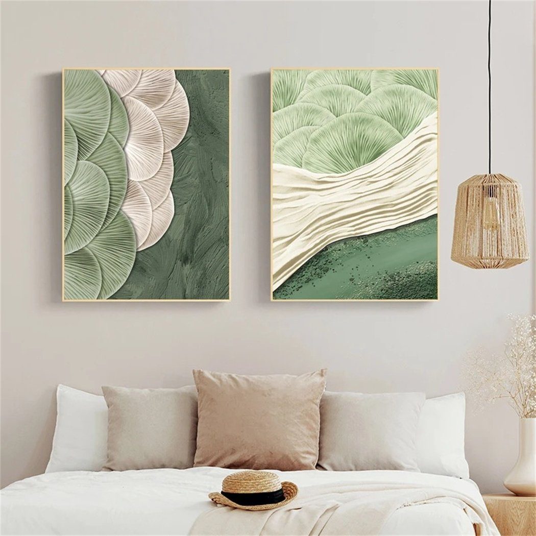 Kunst grünes minimalistisches Wandbild, Wanddekoration, DAYUT (3 St) Modernes Wandbild Blatt
