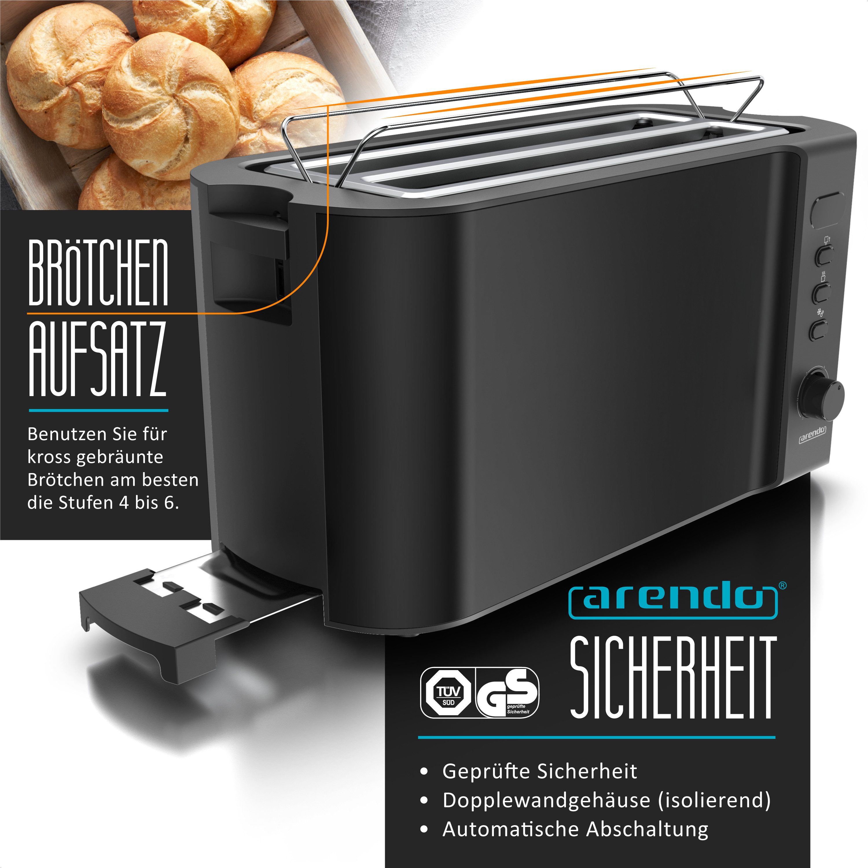 Arendo Toaster Edelstahl, Langschlitz, Display mit Restzeitanzeige, Krümelschublade, 2 lange Schlitze, für 4 Scheiben, 1500 W, Defrost Funktion, Wärmeisolierendes Gehäuse, mit Brötchenaufsatz