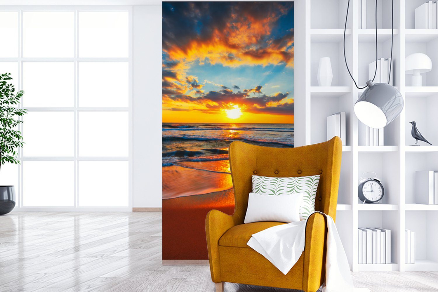 MuchoWow Fototapete Meer - Wohnzimmer - bedruckt, Wolken Vliestapete für Sonnenuntergang Schlafzimmer - Strand Küche, St), - Orange, (2 Matt, Fototapete