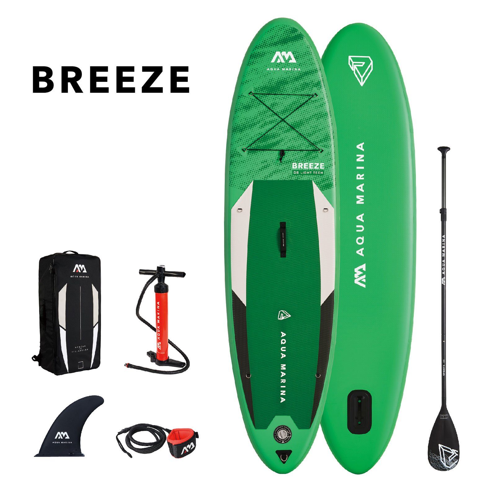 Aqua Marina Inflatable SUP-Board Paddleboard-Set Breeze ISUP bis 100 kg, (6 tlg), mit Paddel, Double Action Pumpe und Rucksack