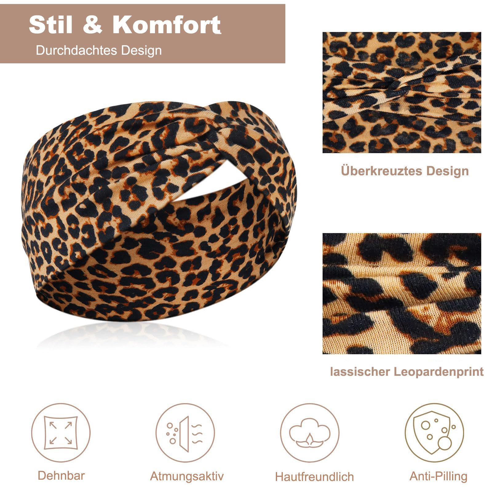 Zaewry Haargummi 8er Set Damen Stirnband breit rutschfest elastisch, 8-tlg., Leoparden & Boho Print für Sport Yoga Kosmetik
