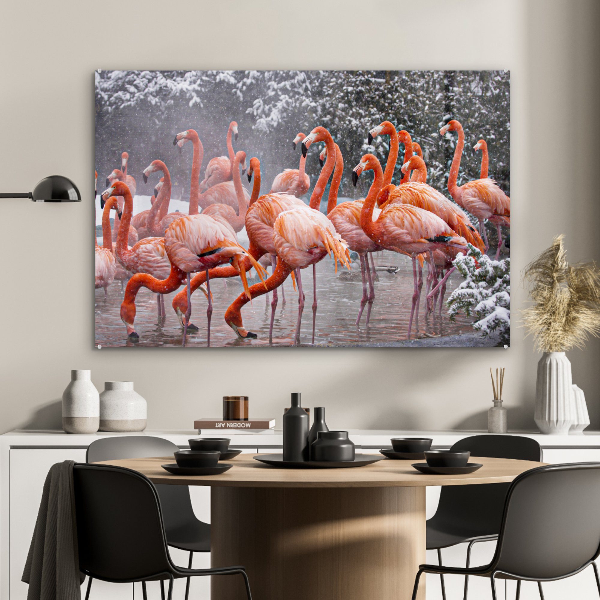 MuchoWow Acrylglasbild Flamingo Acrylglasbilder St), - Wasser, - Wohnzimmer & Schlafzimmer (1 Schnee