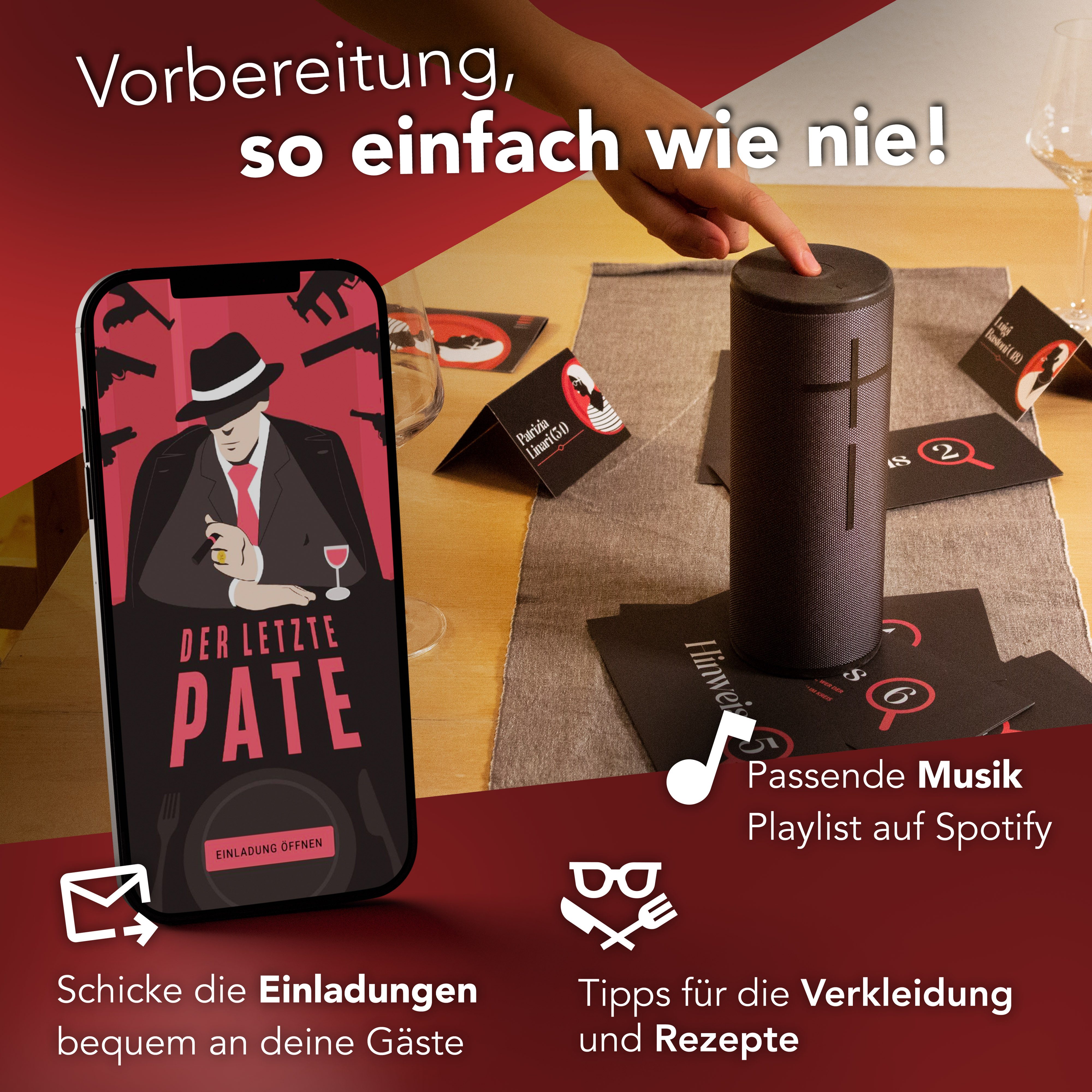 CRIMECASES Hörbuch Krimidinner Spiele 3er Set: 4-10 Spieler, (Mordfall lösen Spiele, Krimispiele), Für 4-10 Personen, begleitende App & Rezeptvorschläge