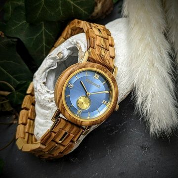 Holzwerk Quarzuhr BRANDIS kleine Damen Holz Armband Uhr in ahorn beige, gold & hell blau