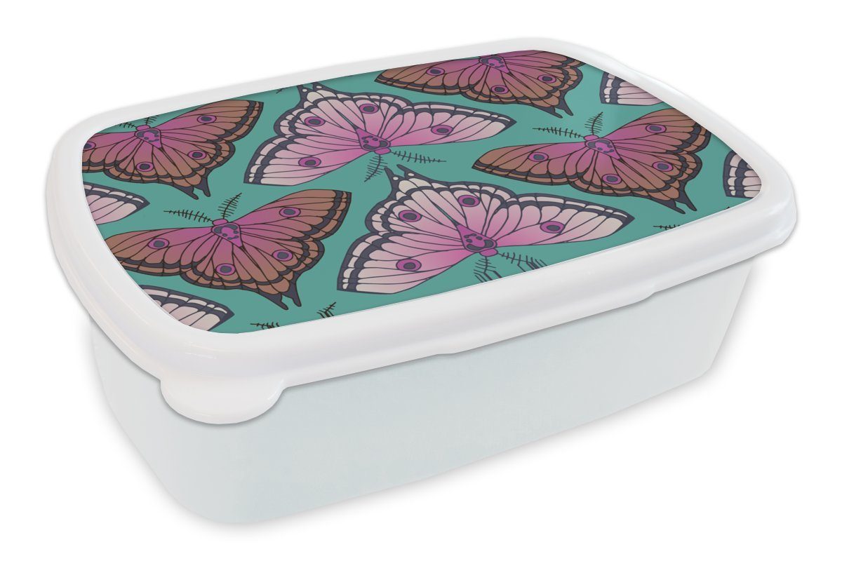 MuchoWow Lunchbox Mädchen - Motten - Insekten - Muster - Mädchen - Kinder - Kinder -, Kunststoff, (2-tlg), Brotbox für Kinder und Erwachsene, Brotdose, für Jungs und Mädchen weiß