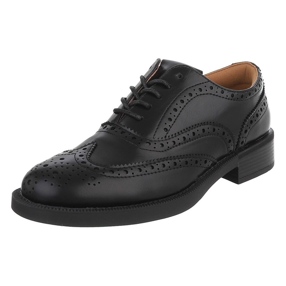 Ital-Design Damen Budapester Schnürschuh mit Lochmuster Schnürschuh (91742618) Blockabsatz Schnürer in Schwarz