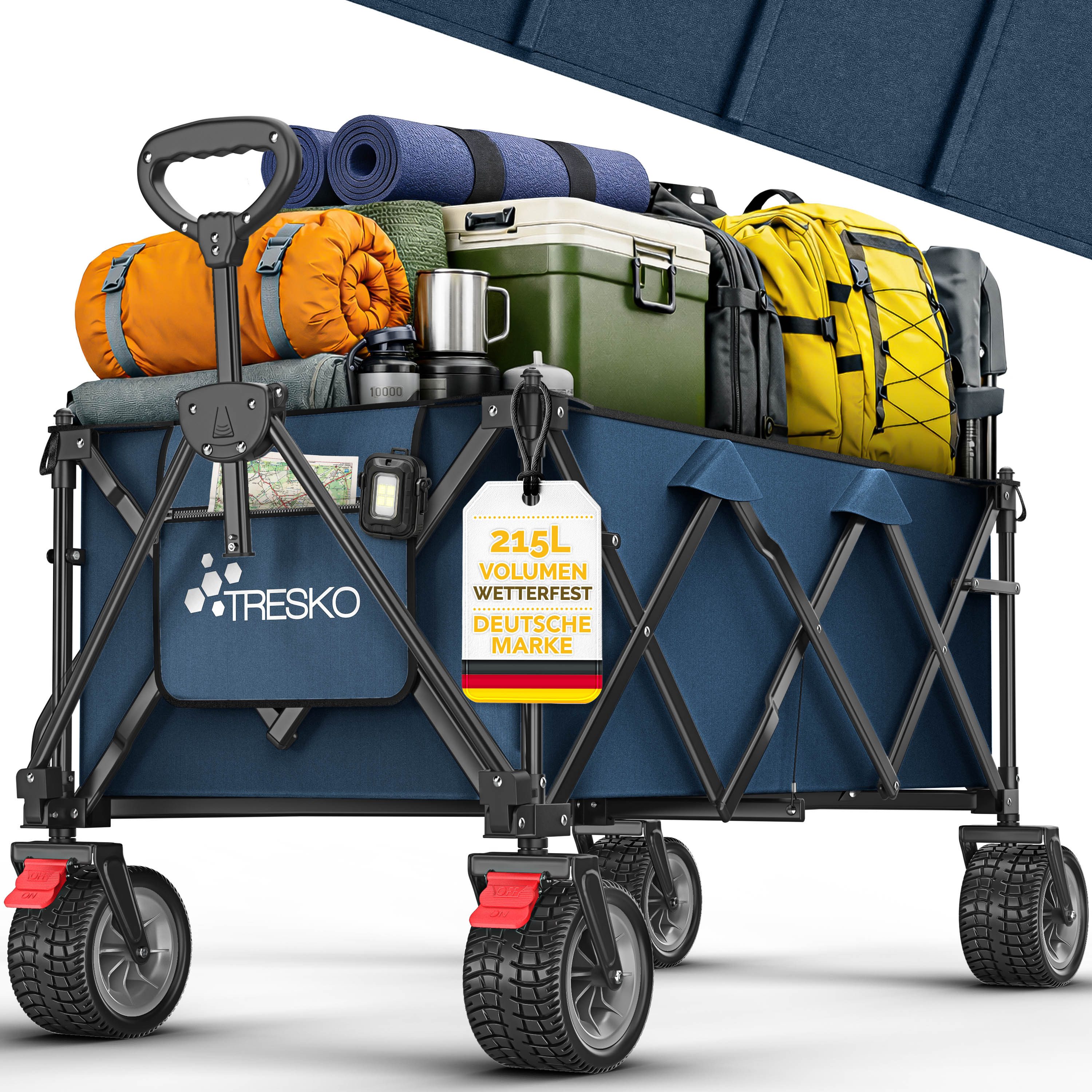 TRESKO Bollerwagen TRESKO® GV-215 Faltbarer Bollerwagen Handwagen (Faltbarer Strandwagen Extra Breite All-Terrain-Räder, Transportwagen mit Tragetasche), faltbar 215L mit Bremse Handwagen klappbar 150kg inkl. Vollgummireifen