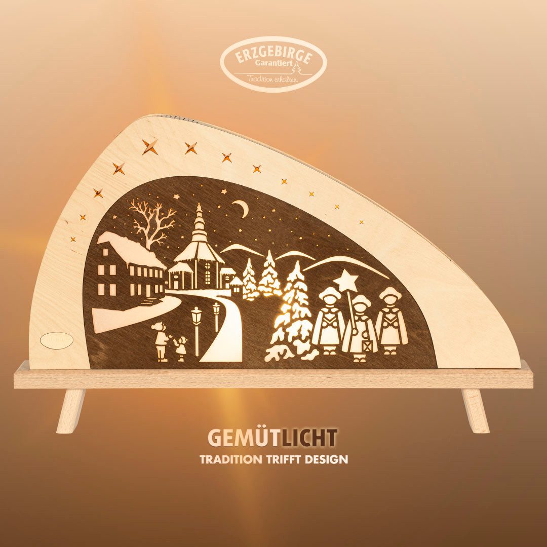 Weigla LED Lichterbogen Weihnachten in Seiffen, asymmetrische Holz Dekolampe, Made in Germany (1-tlg), Erzgebirge garantiert,Weihnachtsdeko Innen, Weihnachtsbeleuchtung