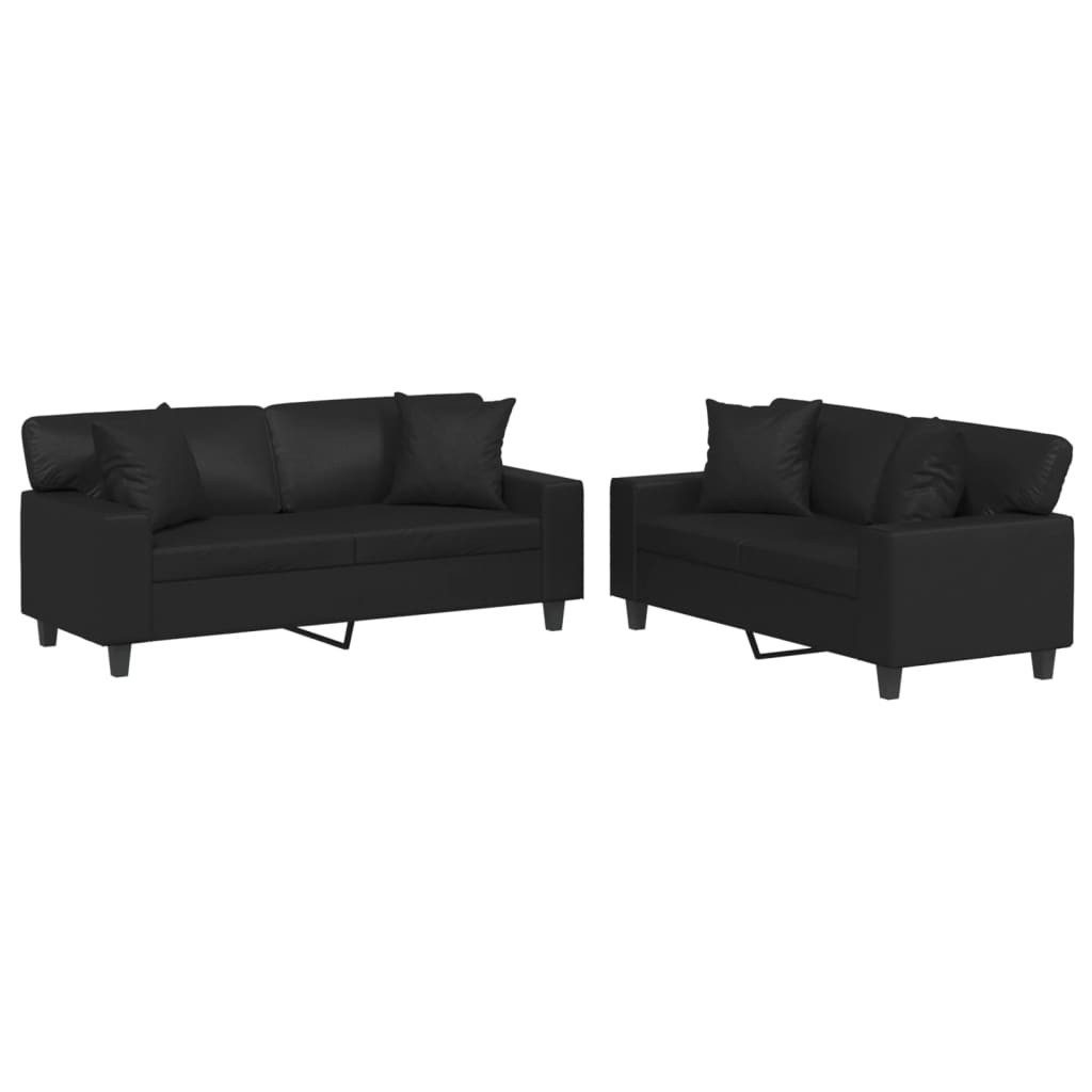 vidaXL Sofa 2-tlg. Sofagarnitur mit Kissen Schwarz Kunstleder