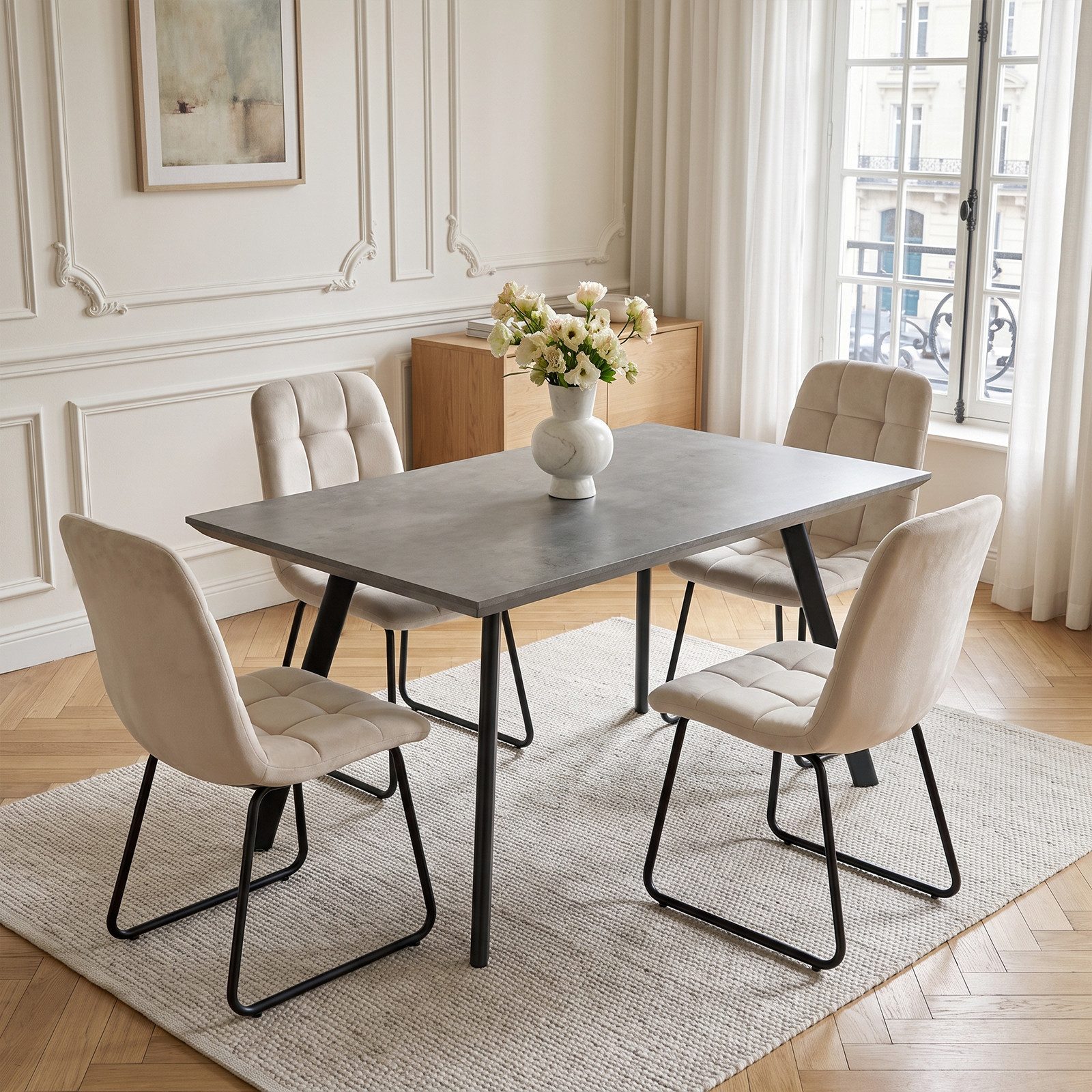 Jiexi Essgruppe Essgruppe fest 120x73 MDF Grau Tisch Set mit Flanell Stühlen