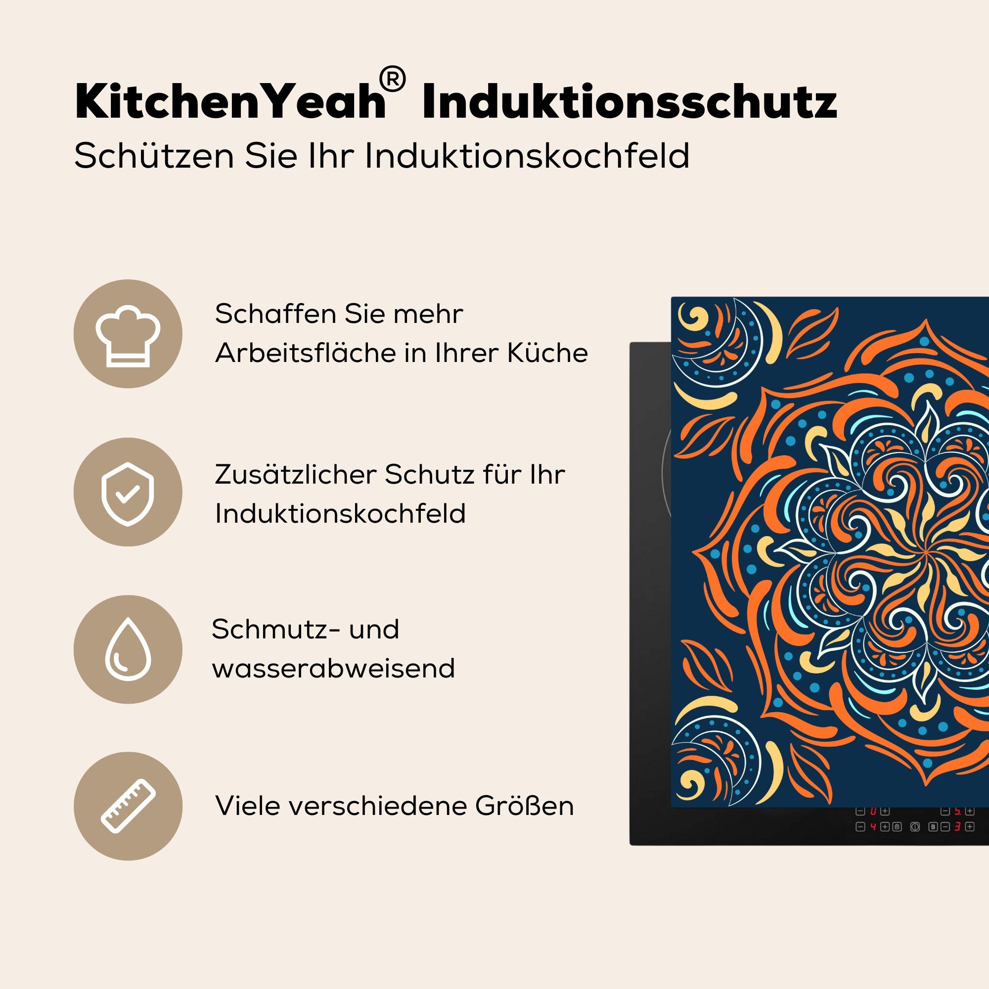 MuchoWow küche für Ceranfeldabdeckung, 78x78 Herdblende-/Abdeckplatte Orange - Vinyl, tlg), Muster, cm, - Arbeitsplatte (1 Mandala