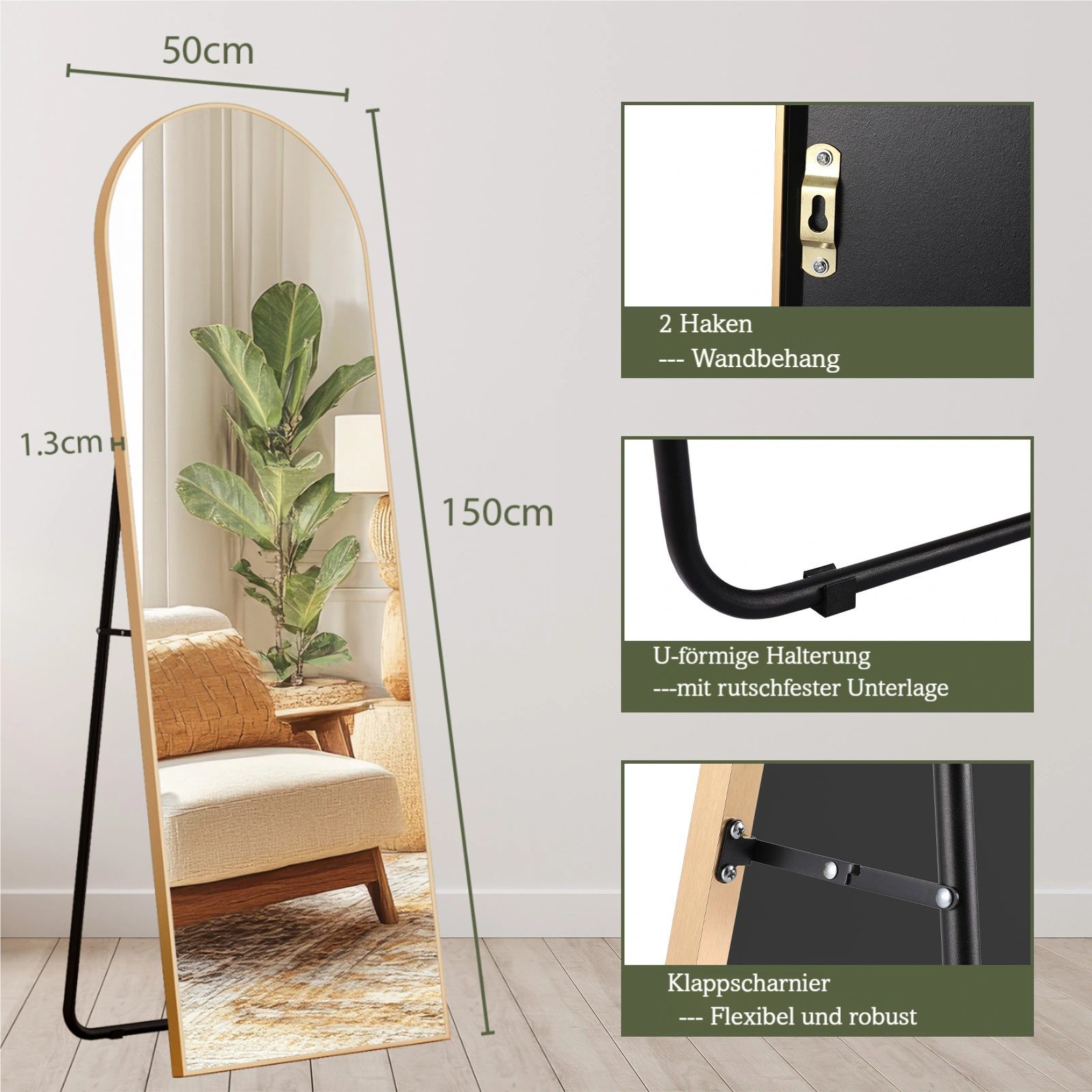 TLGREEN Ganzkörperspiegel 150 x 50 cm, gewölbter Standspiegel mitAluminiumrahmen, (Stand- oder Wandspiegel), für Wohnzimmer, Schlafzimmer, Eingangsbereich – Bild 5 von 5