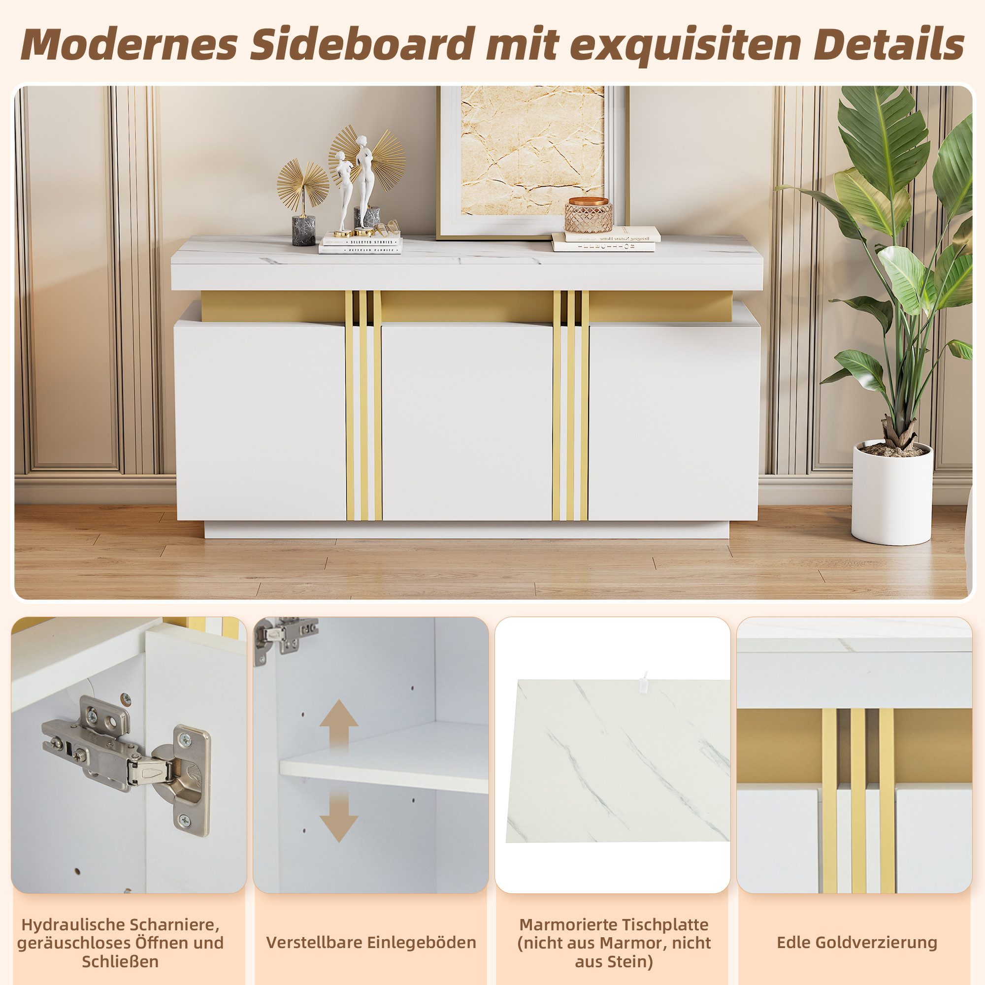 Merax Sideboard Aufbewahrungsschrank Anrichte mit Marmoroptik (1 St., 140x38x70cm), Kommode mit 3 Türen, verstellbaren Einlegeböden & Platin-Akzenten
