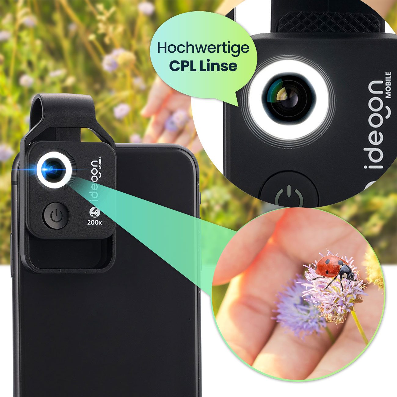 shop'n smile ideoon Mikroskop-Vorsatzlinse für Smartphone/Tablet 200x: Minimikroskop (mit 6 LEDs für detailreiche Nahaufnahmen)