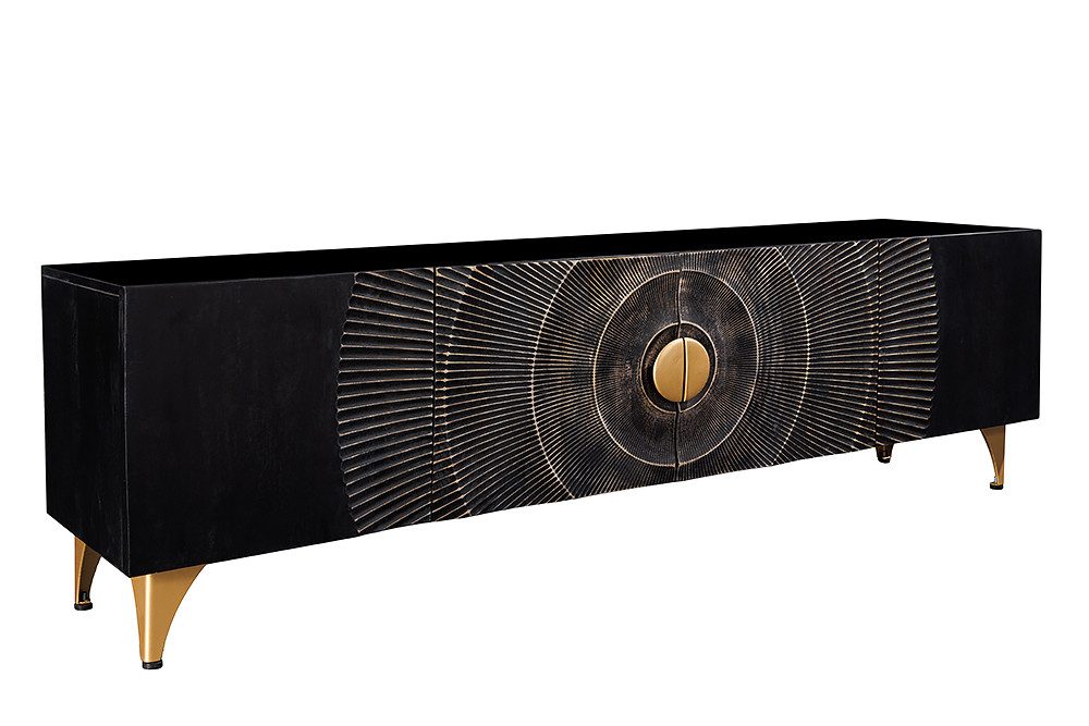 riess-ambiente Lowboard GOLDEN SUNSET 180cm schwarz/gold - Schnitzereien, Metallfüße, glamour (Einzelartikel, 1 St), Mango-Massivholz · Metall · TV-Schrank · 3D Front-Design · Wohnzimmer