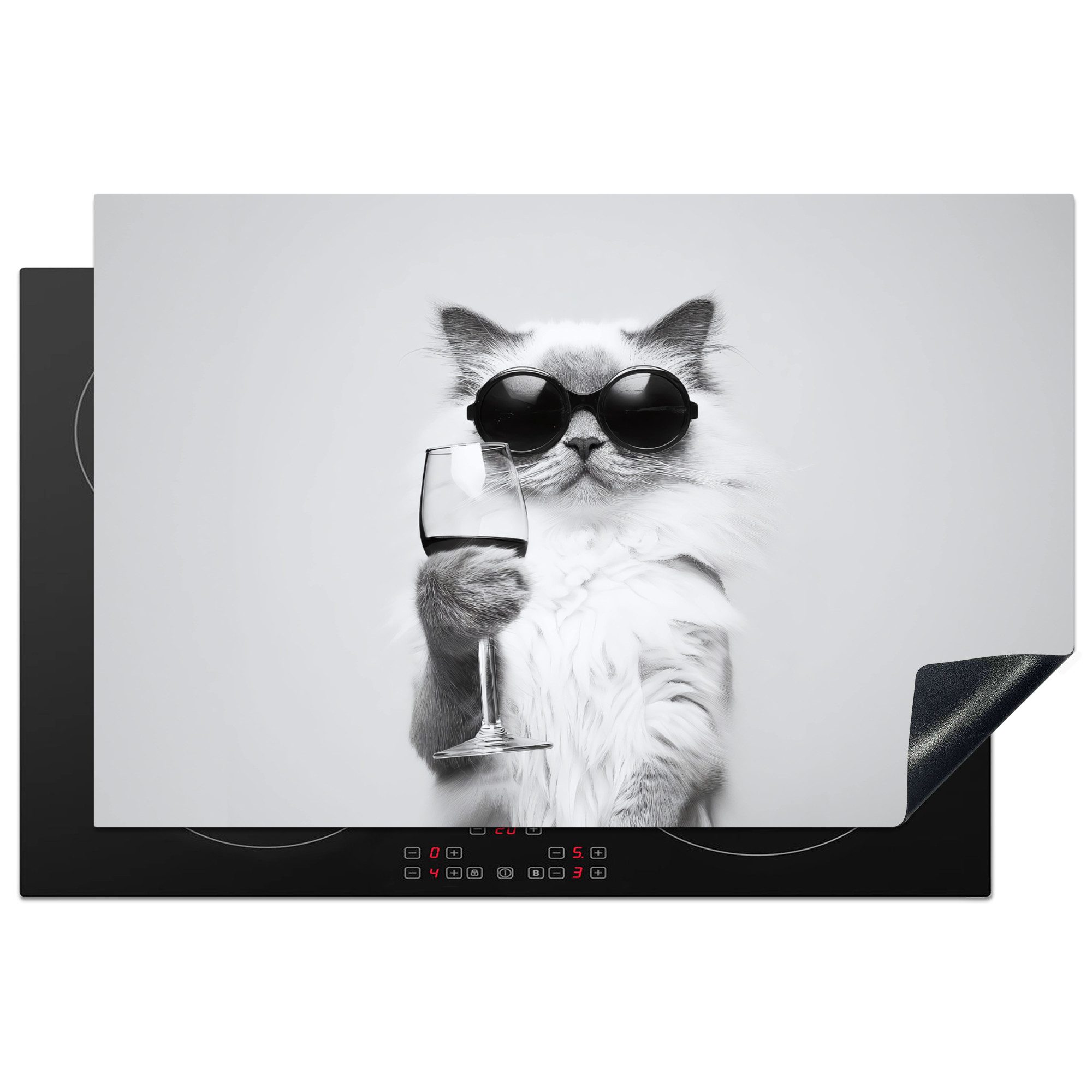 MuchoWow Herd-Abdeckplatte Katze - Sonnenbrille - Weinglas - Langhaarig, Vinyl, (1 tlg), Küche Herdabdeckplatte Ceranfeld Vinyl Einteilig, 81x52 cm