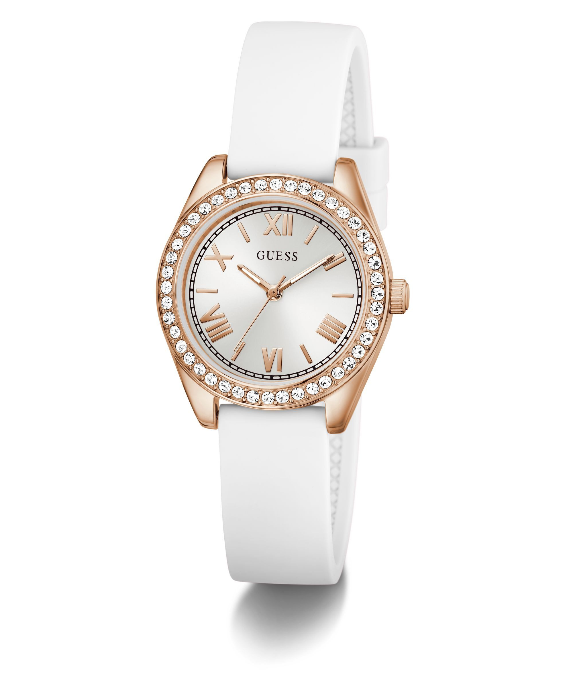 Guess Quarzuhr GUESS-MINI LUNA GLITZ GW1000L3, Armbanduhr, Damenuhr, Silikonarmband, analog