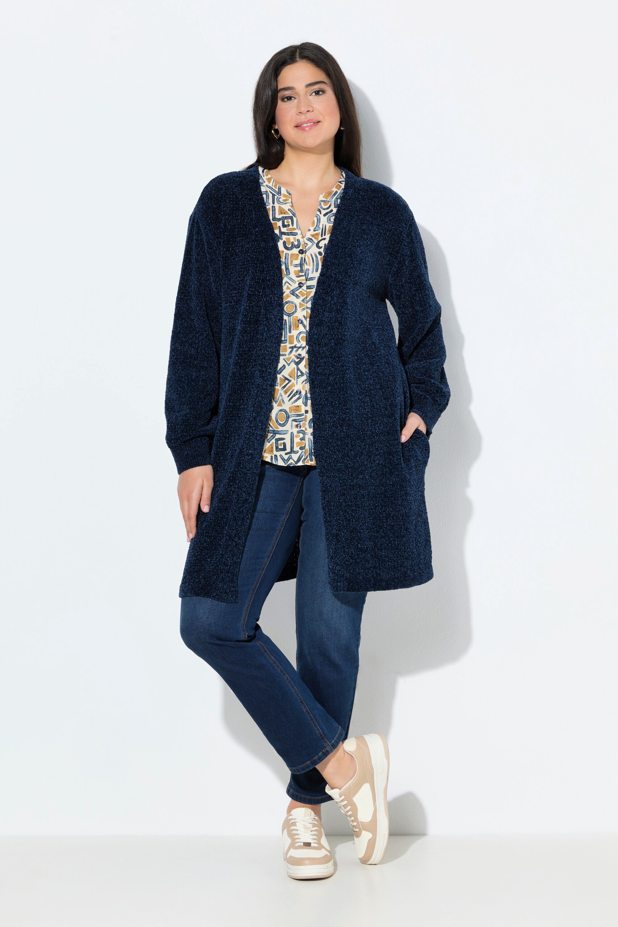 Ulla Popken Strickjacke Chenille-Strickjacke V-Ausschnitt offene Form günstig online kaufen