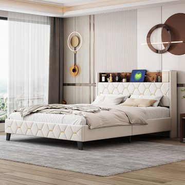 IDEASY Polsterbett Doppelbett, Queen-Size-Bett, 160 x 200 cm, (Stauraum am Kopfteil, mit USB-Anschluss, hautfreundlicher Samt), grau/beige, keine Boxspringbetten erforderlich