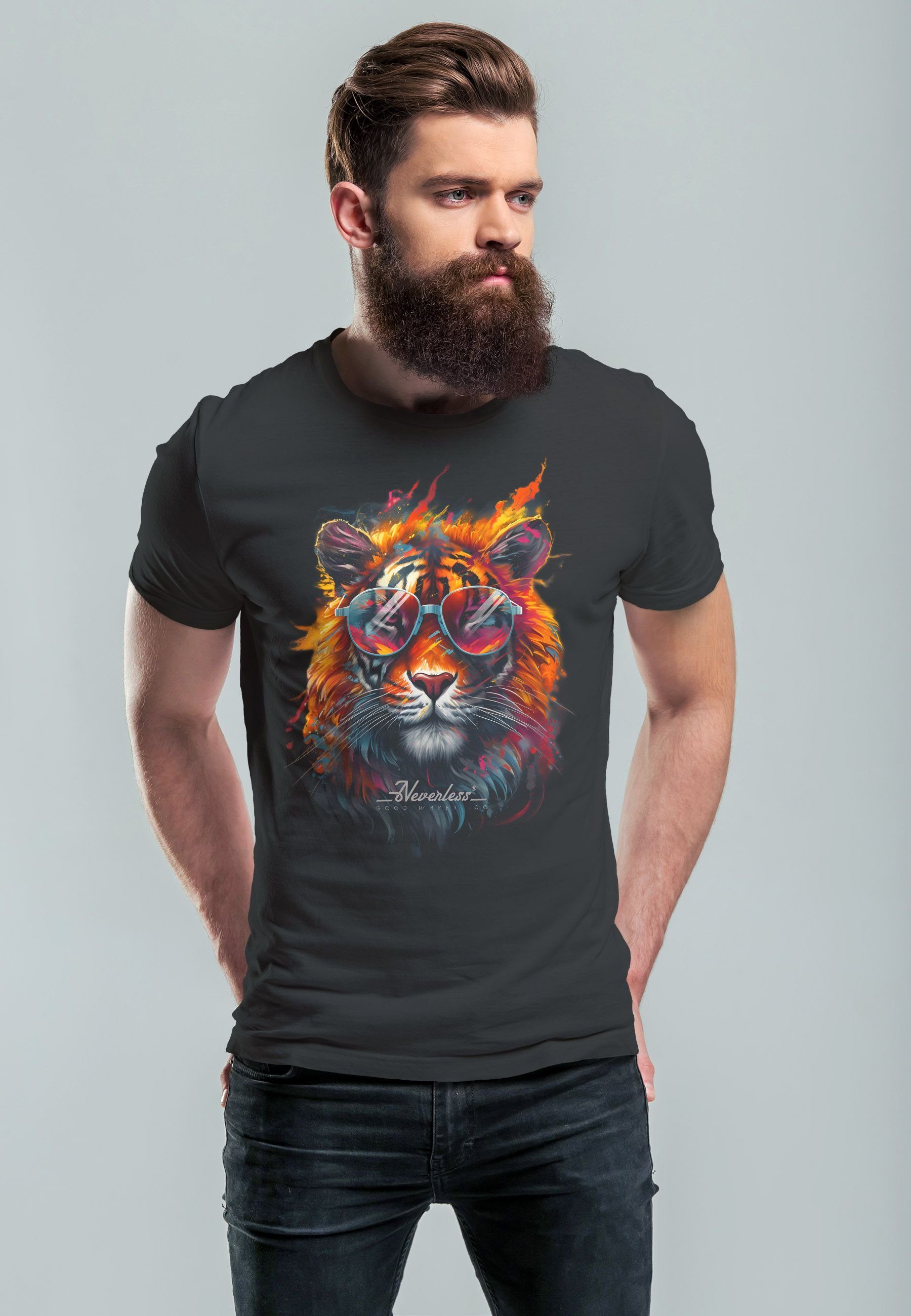 Herren anthrazit T-Shirt Aufdruck Sommer Print Tiger Sonnenbrille Print-Shirt Kunst Neverless Print mit Flammen