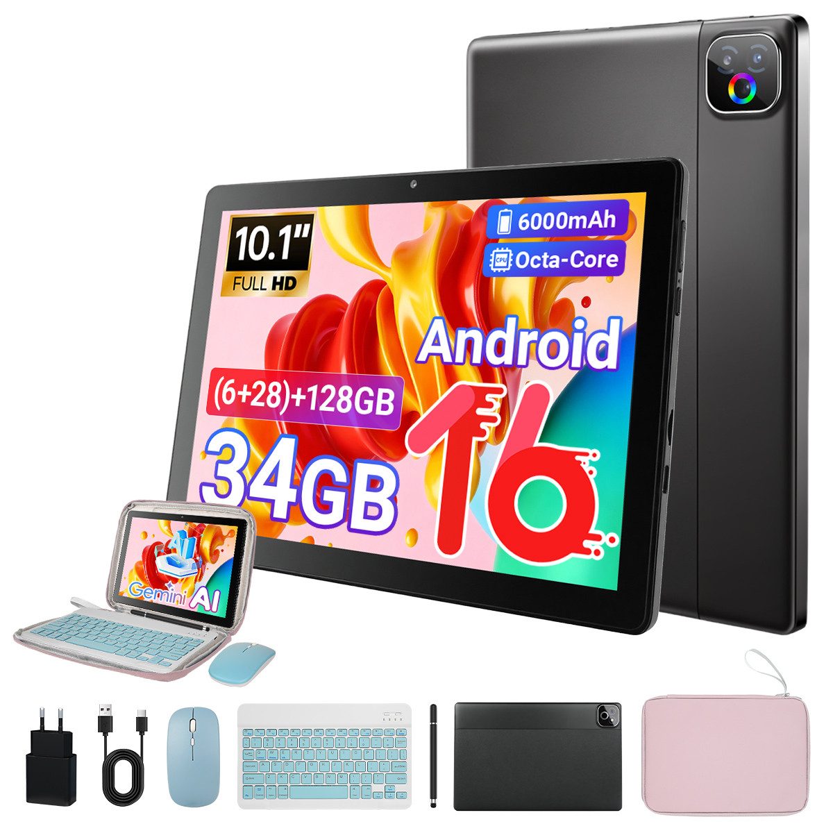 Happybe 10,1 Zoll, Android 16, 34(6+28)GB+128GB, WiFi 6 mit Gemini AI Tablet (10.1", 128 GB, Android, Octa-Core, 6000 mAh)