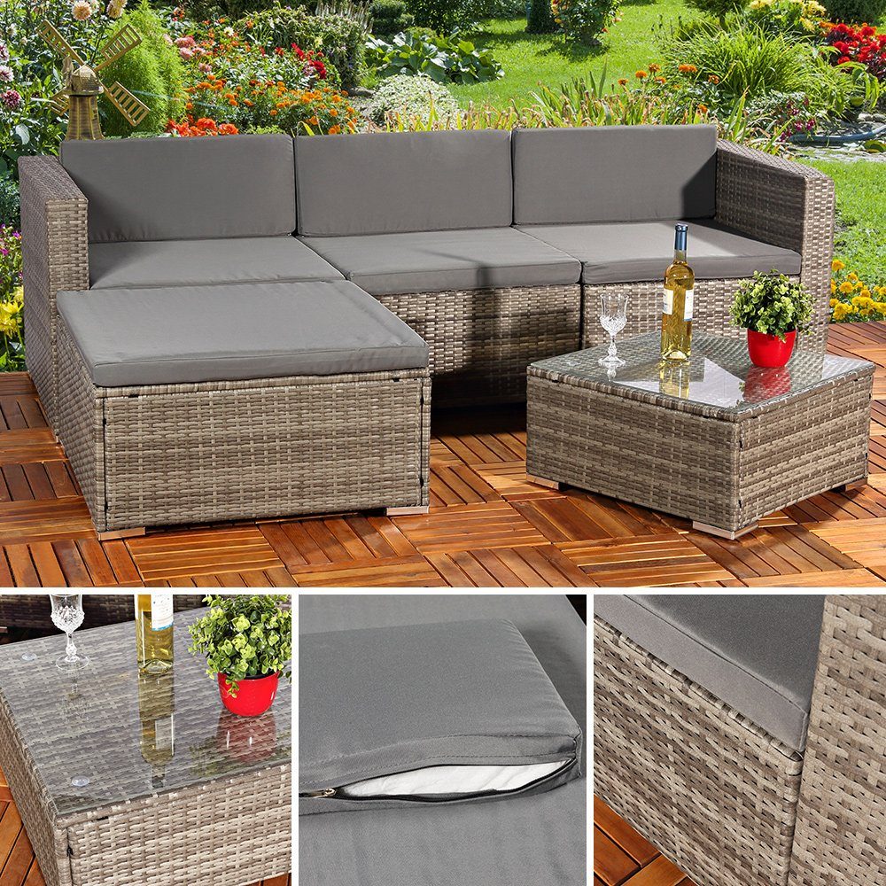 Feel2Home Garten-Essgruppe Gartenmöbel 5tlg Sitzgruppe Sofa Polyrattan Essgarnitur versch. Farben, (Set, Möbelset), Schraub-Ausgleich-Standfüße