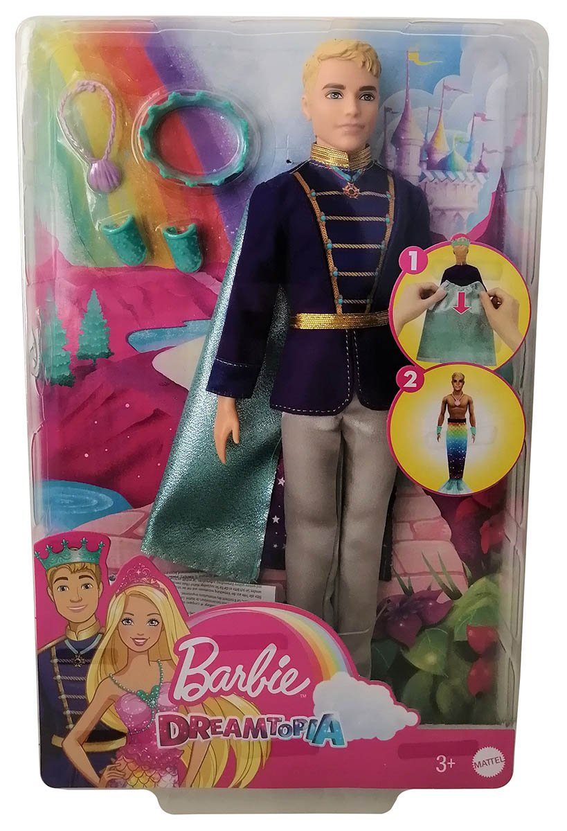Barbie Meerjungfrauenpuppe Mattel GTF93 Dreamtopia Ken Puppe verwandelbar  (Packung, 5-tlg., inkl. Puppenzubehör; 1 Krone, 2 Manschetten und eine  Halskette mit Meermotiv), Verwandalbar von einem Prinzen in einen Meermann