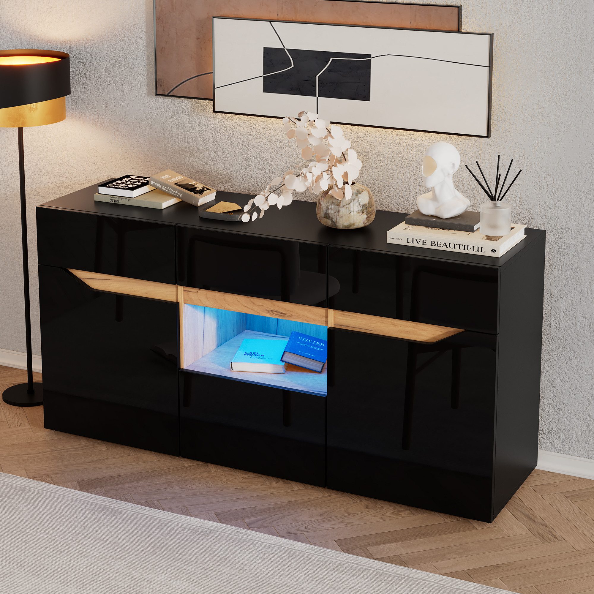 Merax Sideboard hochglanz Anrichte mit LED, Buffetschrank in Weiß/Schwarz & Holzoptik (1 St), Kommode mit 4 Schubladen, 2 Schränken & halboffenem Fach, 140x40x70cm