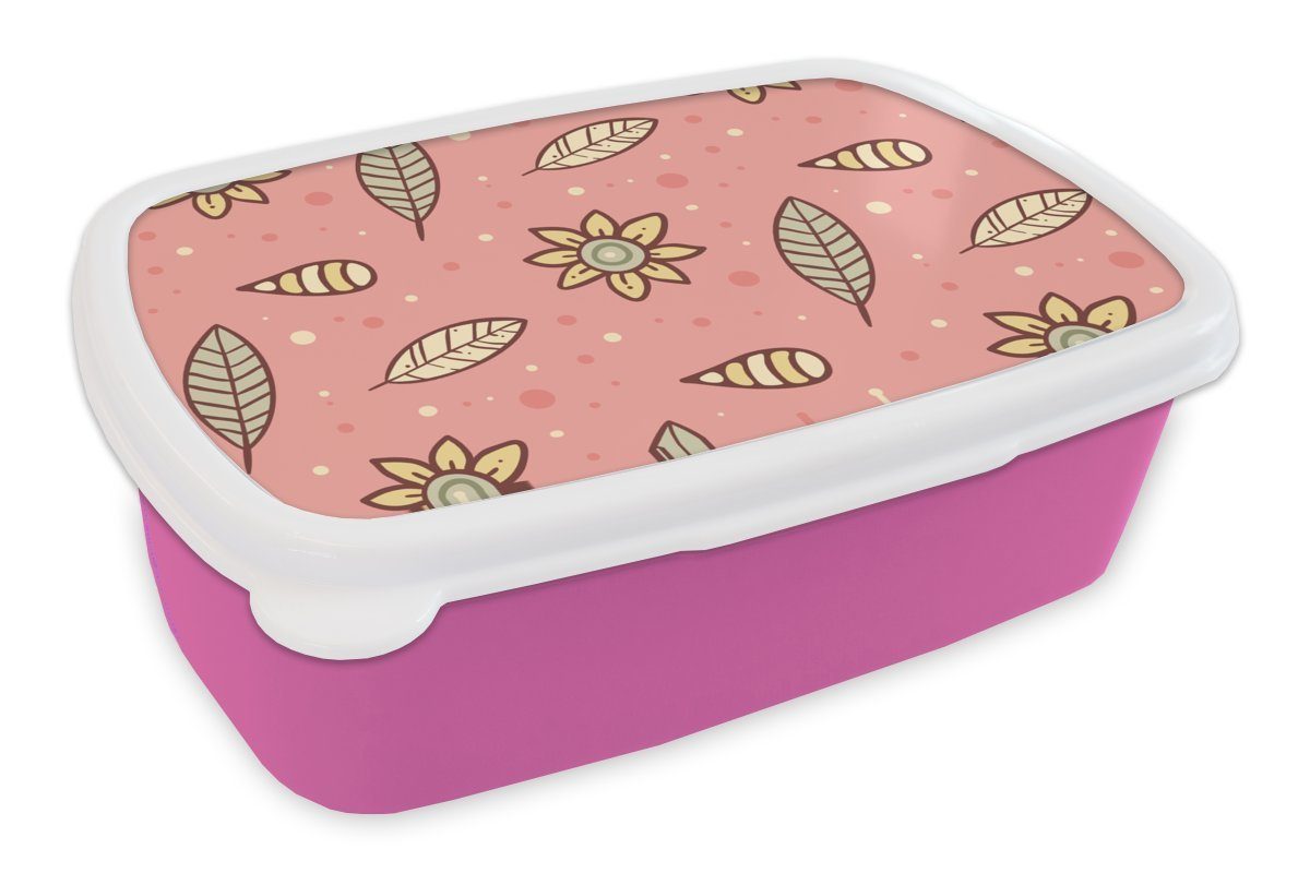 MuchoWow Lunchbox Muster - Blumen Snackbox, - (2-tlg), Kinder, Kunststoff Kunststoff, Mädchen - - Brotdose für Kinder, Erwachsene, Brotbox Blätter Mädchen, Kinder rosa 