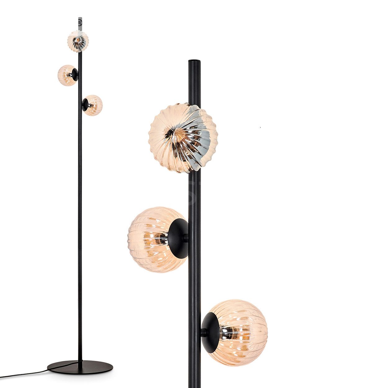 Stehlampe Stehlampe aus Metall/Riffelglas in Schwarz/Bernsteinfarben