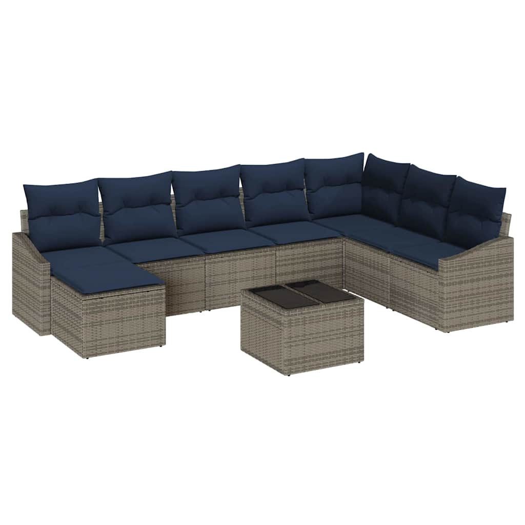 vidaXL Gartenlounge-Set Gartensofa-set mit Kissen 8 pcs Grau und Marineblau Poly-Rattan, (8-tlg)