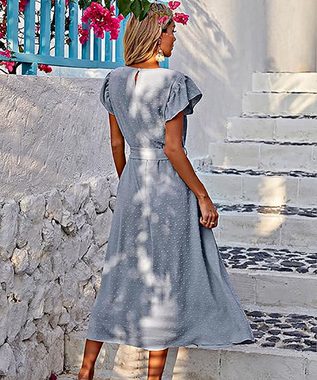 BlauWave Midikleid Kleider Damen Lang Rundhals Sommerkleid (1-tlg., Kurzarm Maxikleid Business Knopf und Tasche) Geeignet für tägliche Reisen