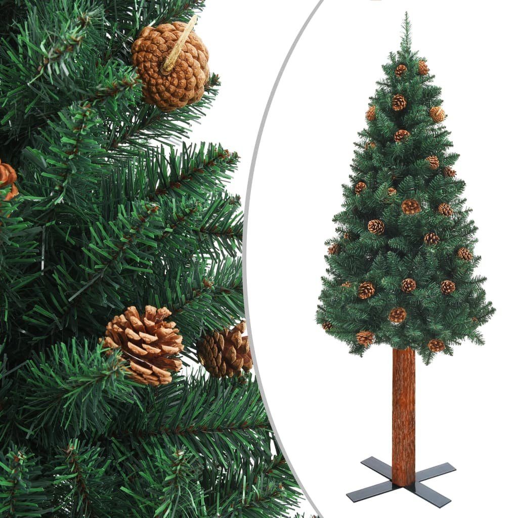 furnicato Künstlicher Weihnachtsbaum Weihnachtsbaum Schlank mit Echtholz und Zapfen Grün 180 cm PVC