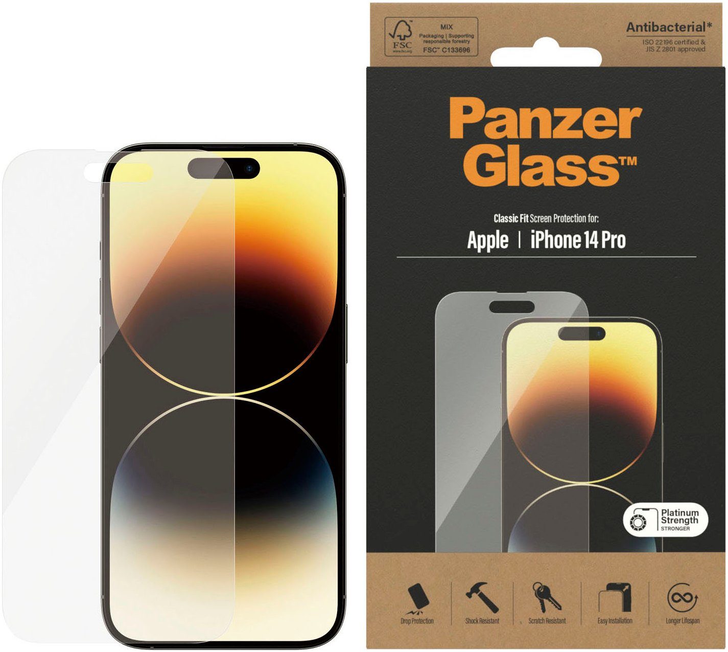 PanzerGlass Displayschutz Apple iPhone 14 Pro für iPhone 14 Pro, Displayschutzglas, 1 Stück, Kratz-& Stoßfest, Antibakteriell, Berührungsempfindlich