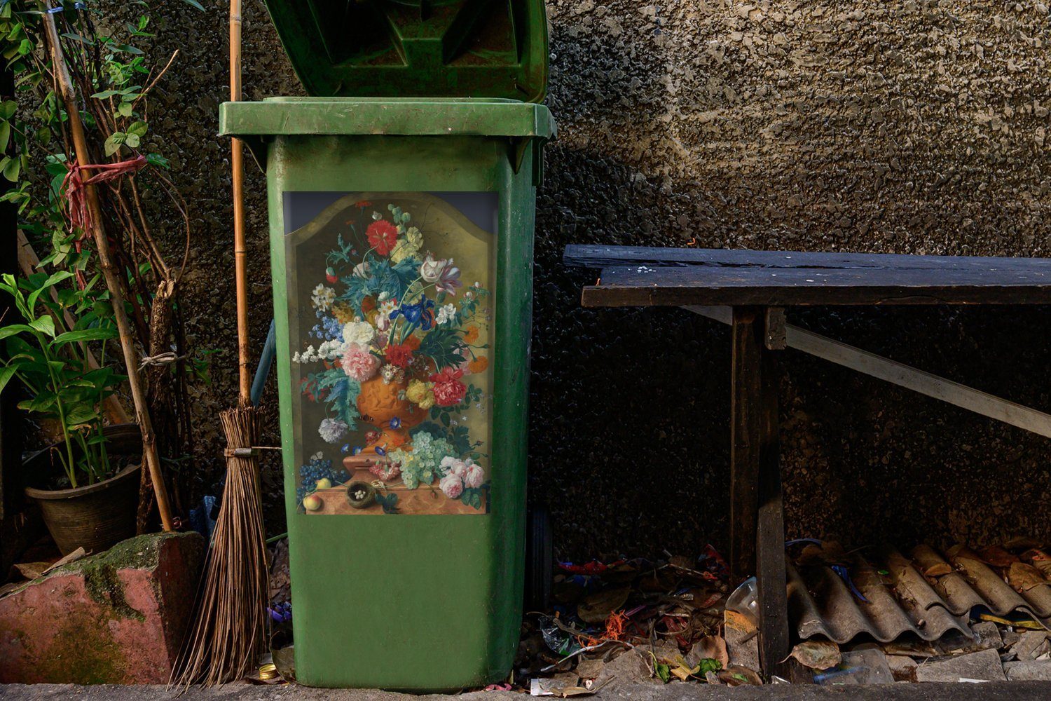 Gemälde Wandsticker (1 Abfalbehälter Jan einer in von Container, MuchoWow van Mülltonne, Blumen St), Mülleimer-aufkleber, Huysum Sticker, - Terrakotta-Vase