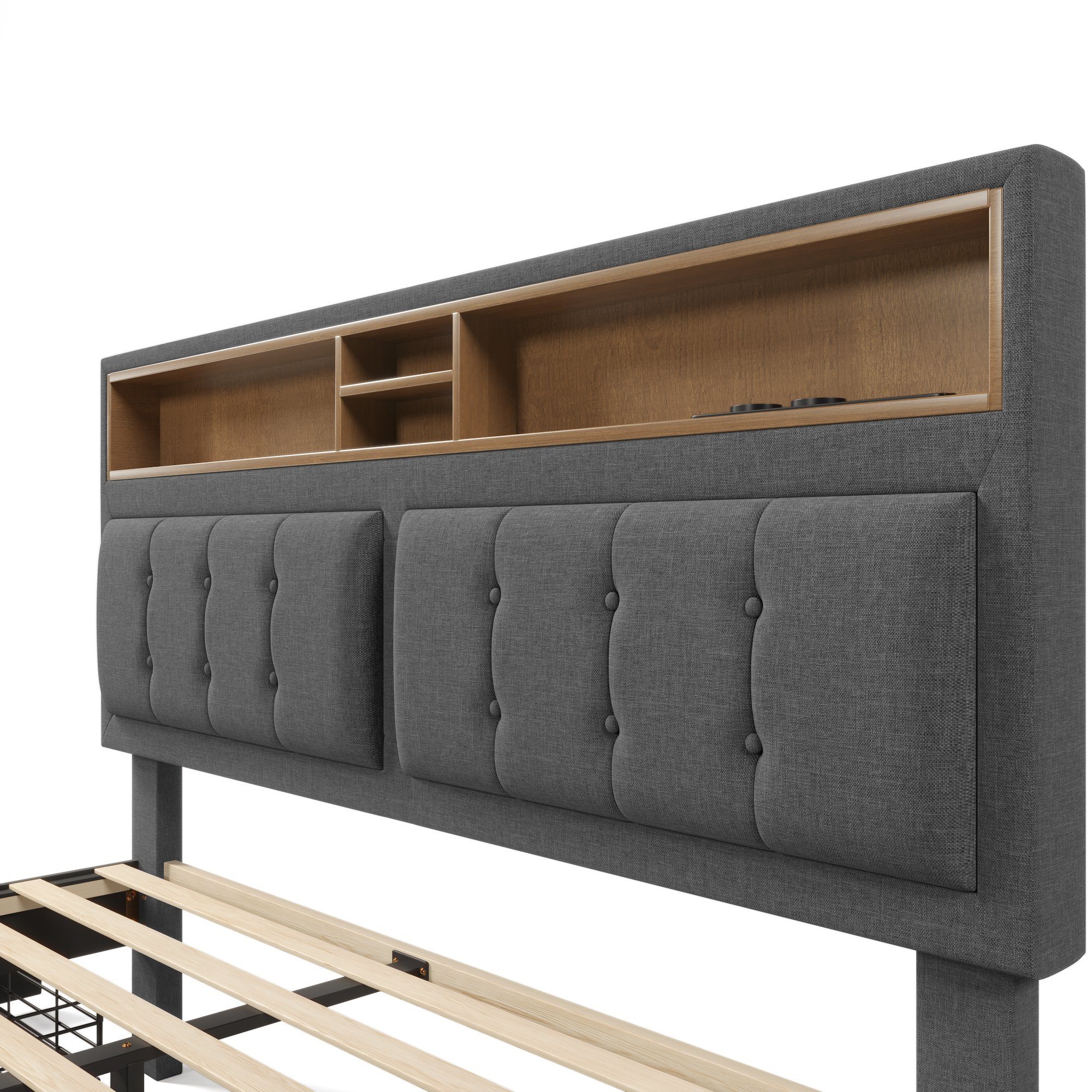 Polsterbett (Doppelbett mit Lattenrost und 4 Schubladen), Stauraumbett 160x200cm mit USB Typ C Ladefunktion Kopfteil, Leinen