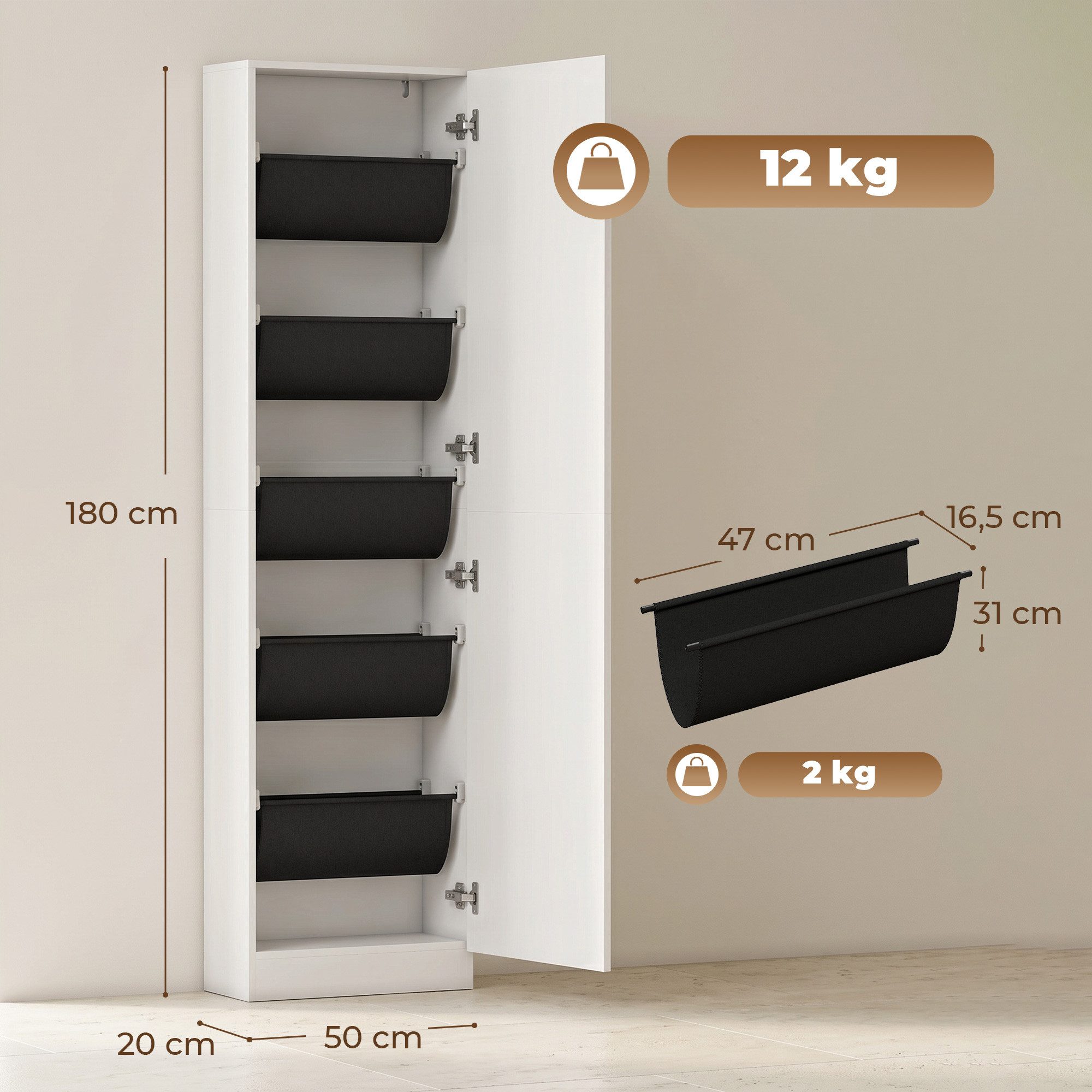 HOMCOM Schuhschrank Schuhaufbewahrung mit Ganzkörperspiegel, 2 umkehrbaren Türen (Schuhregal, 1-St., Schmale Schuhkommode) für Eingang, Flur, 50 x 20 x 180 cm, Weiß