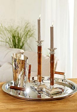 EDZARD Kerzenleuchter Holm, Kerzenständer aus Edelstahl mit Bambusschaft, vernickelt, Kerzenhalter für Stabkerzen, Höhe 24 cm