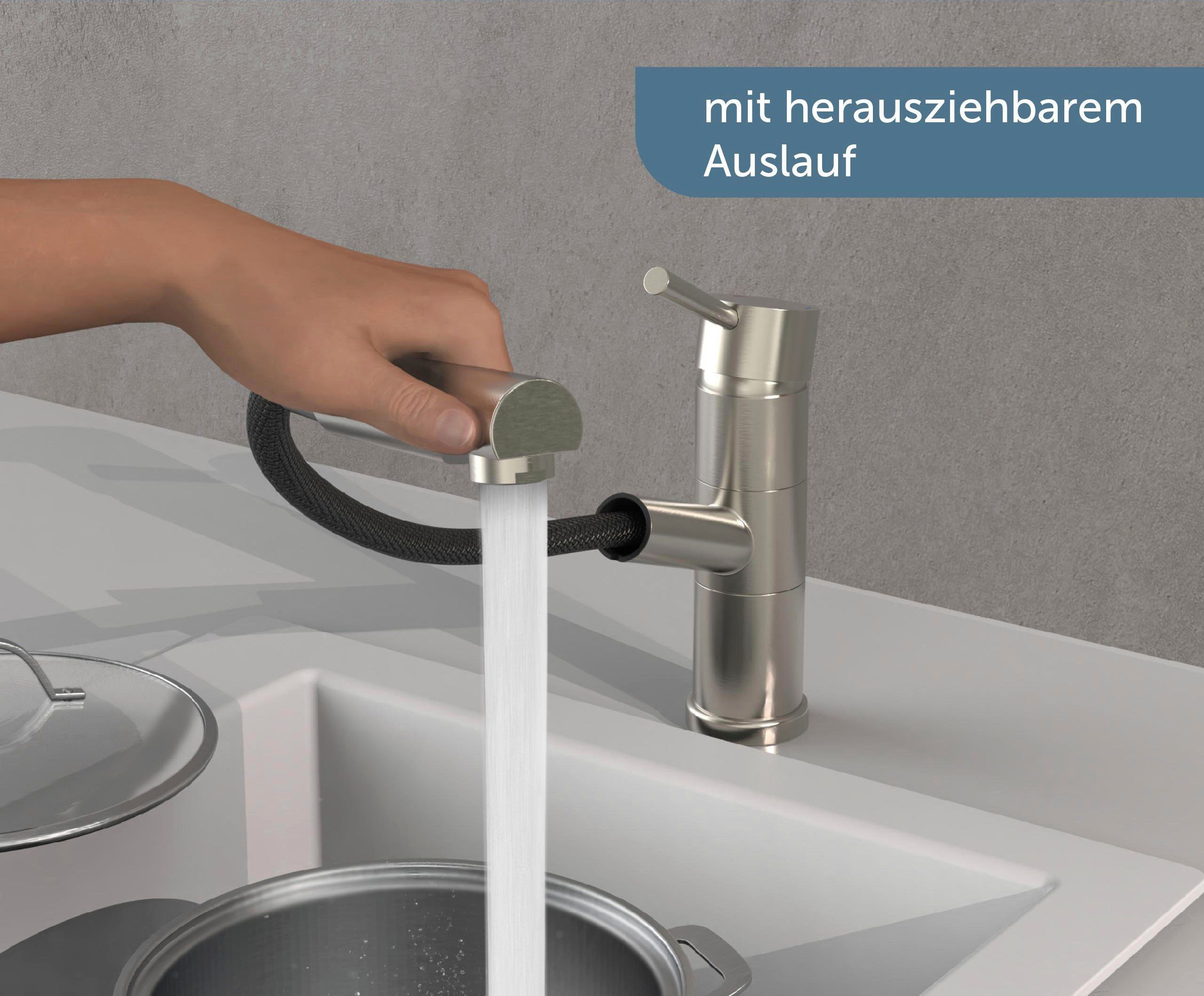 Hochdruck UNICORN Wasserhahn (Mischbatterie) Küchenarmatur mit Spültischarmatur ausziehbar Schütte Geschirrbrause, Edelstahloptik