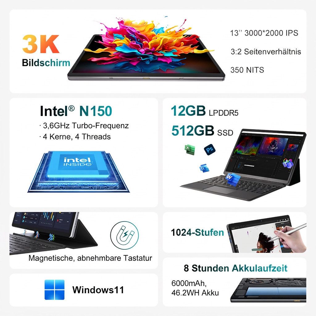Ninkear 13” 2-in-1 Laptop Intel Core N150, LPDDR5 12GB RAM + 512GB SSD Convertible Notebook (Intel Intel® Processor N150 Intel® Processor N150, Intel® Graphics, 12 GB, 512 GB SSD)