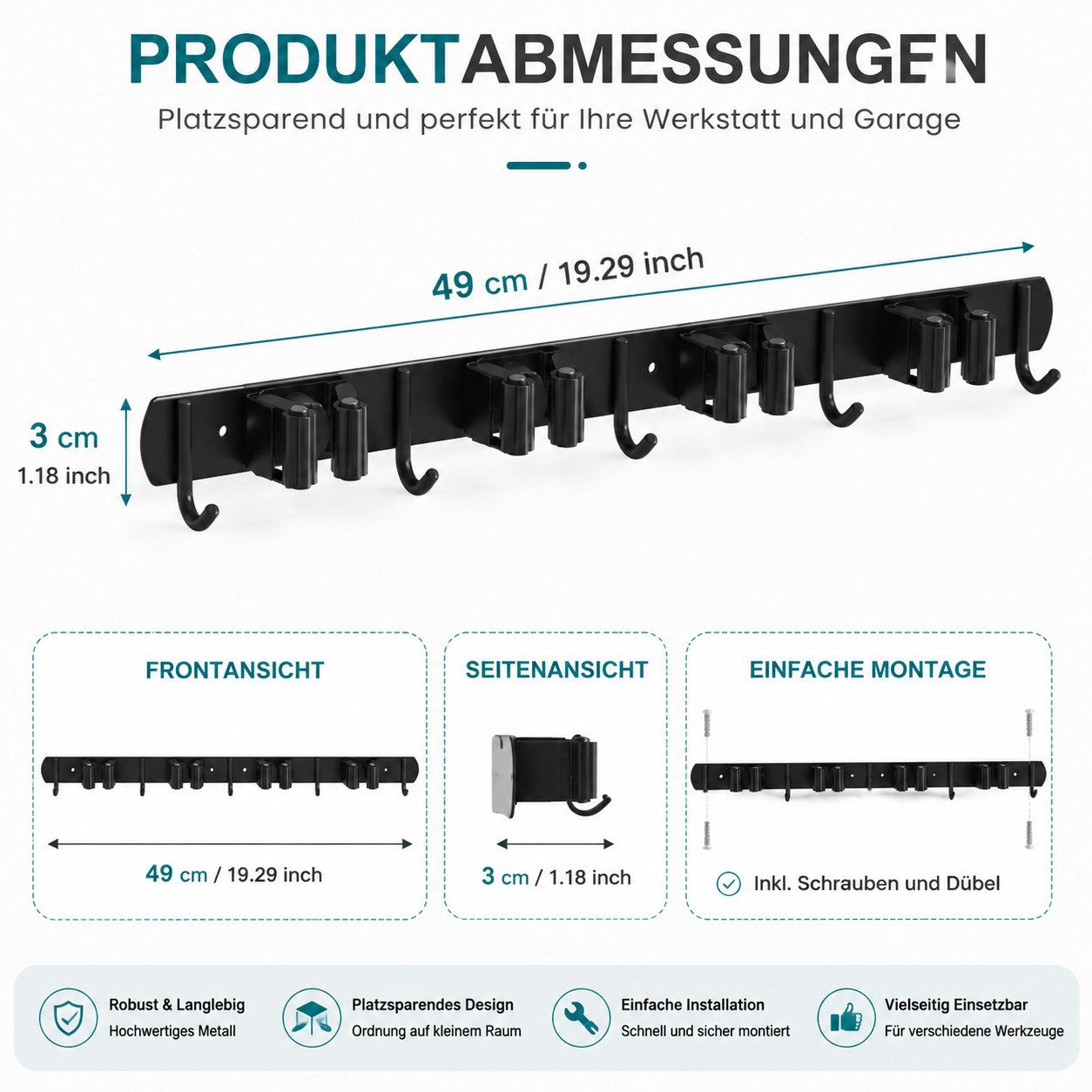 ibettertec Wandhaken Besenhalterung Wand mit 4 Halter und 5 Haken Gartengerätehalter, (für Besen, Mopps und Gartengeräte., 49cm*3cm,Wandhalterung,Edelstahl,platzsparend), Besenhalter Wand