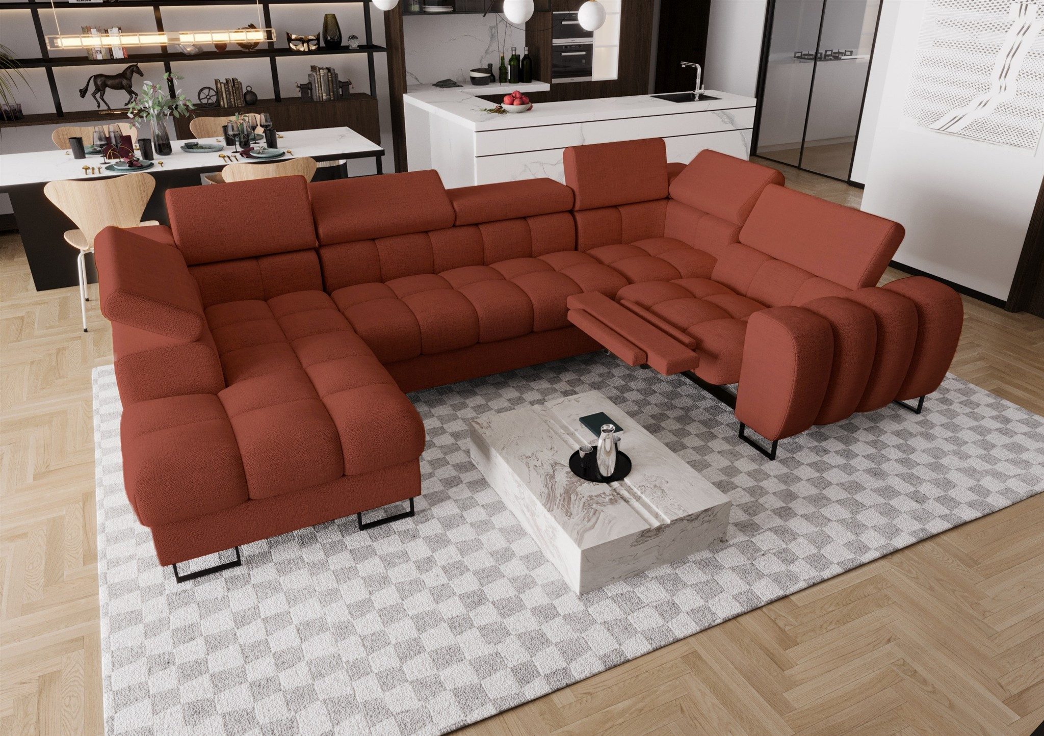Fun Möbel Wohnlandschaft Schlafsofa BASTIEN RELAX mit Ottomane in Stoff, inkl. Bettkasten, ausziehbare Liegefläche, elektrisch einstellbaren Kopf- und Fußstütze