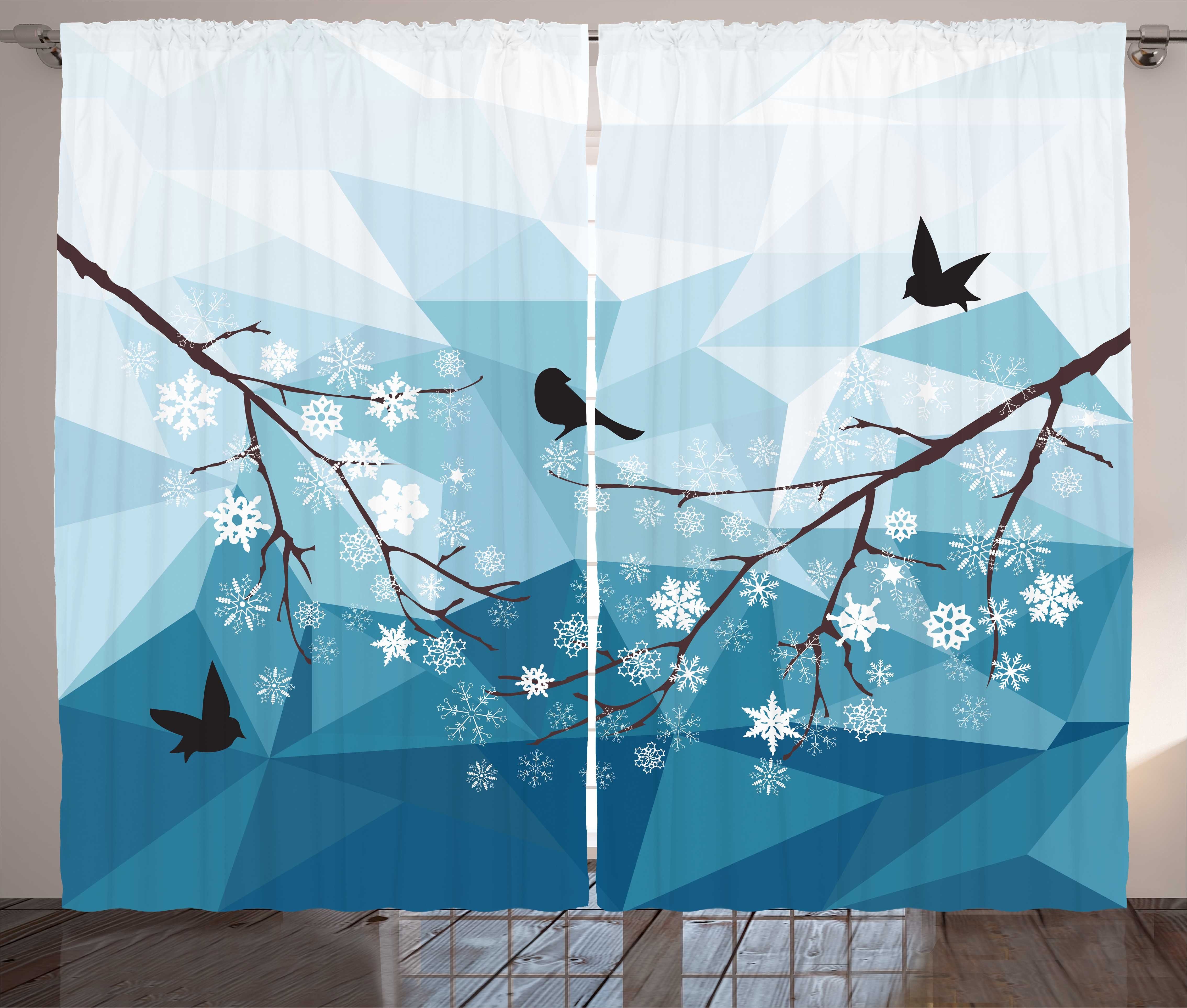 Gardine Schlafzimmer Kräuselband Vorhang mit Schlaufen und Haken, Abakuhaus, Snowy-Bäume Vogel-Flugwesen Polygonal