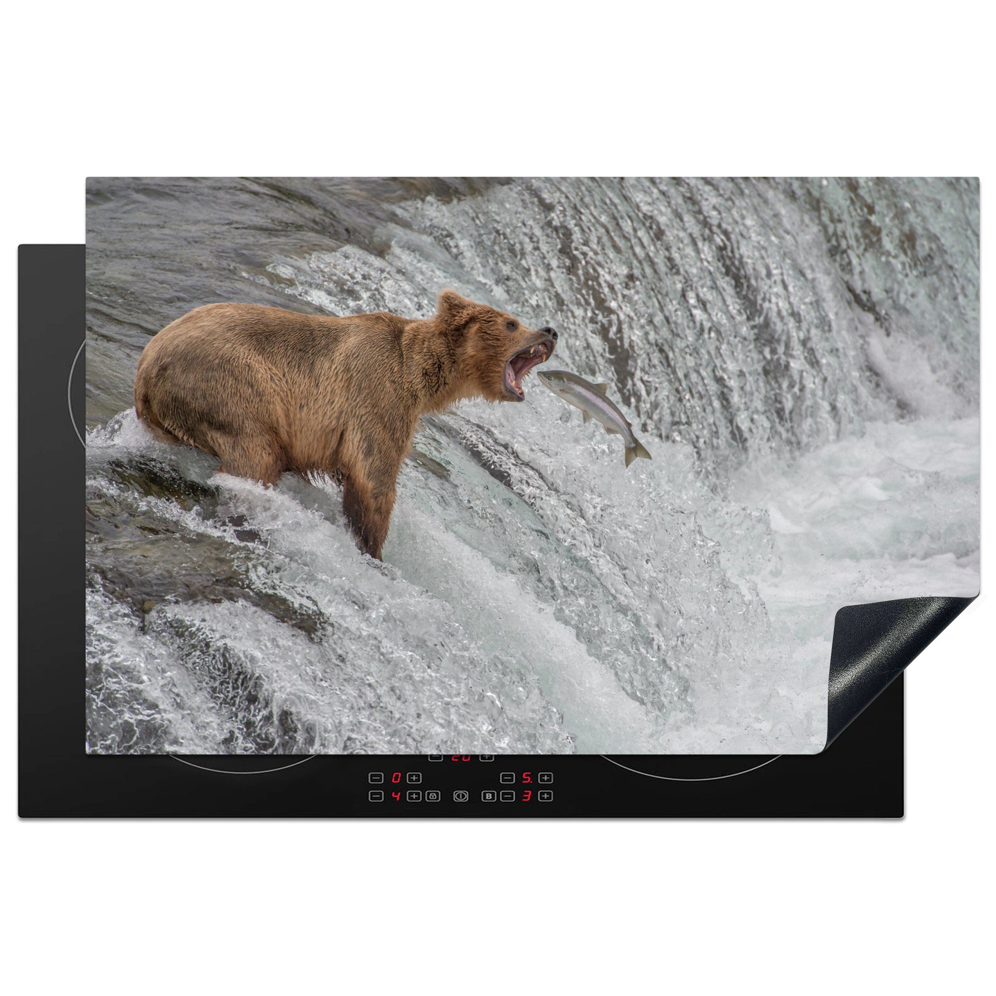 MuchoWow Herdblende-/Abdeckplatte Bild eines Grizzlybären, der sich in ein vi, Vinyl, (1 tlg), 81x52 cm, Induktionskochfeld Schutz für die küche, Ceranfeldabdeckung